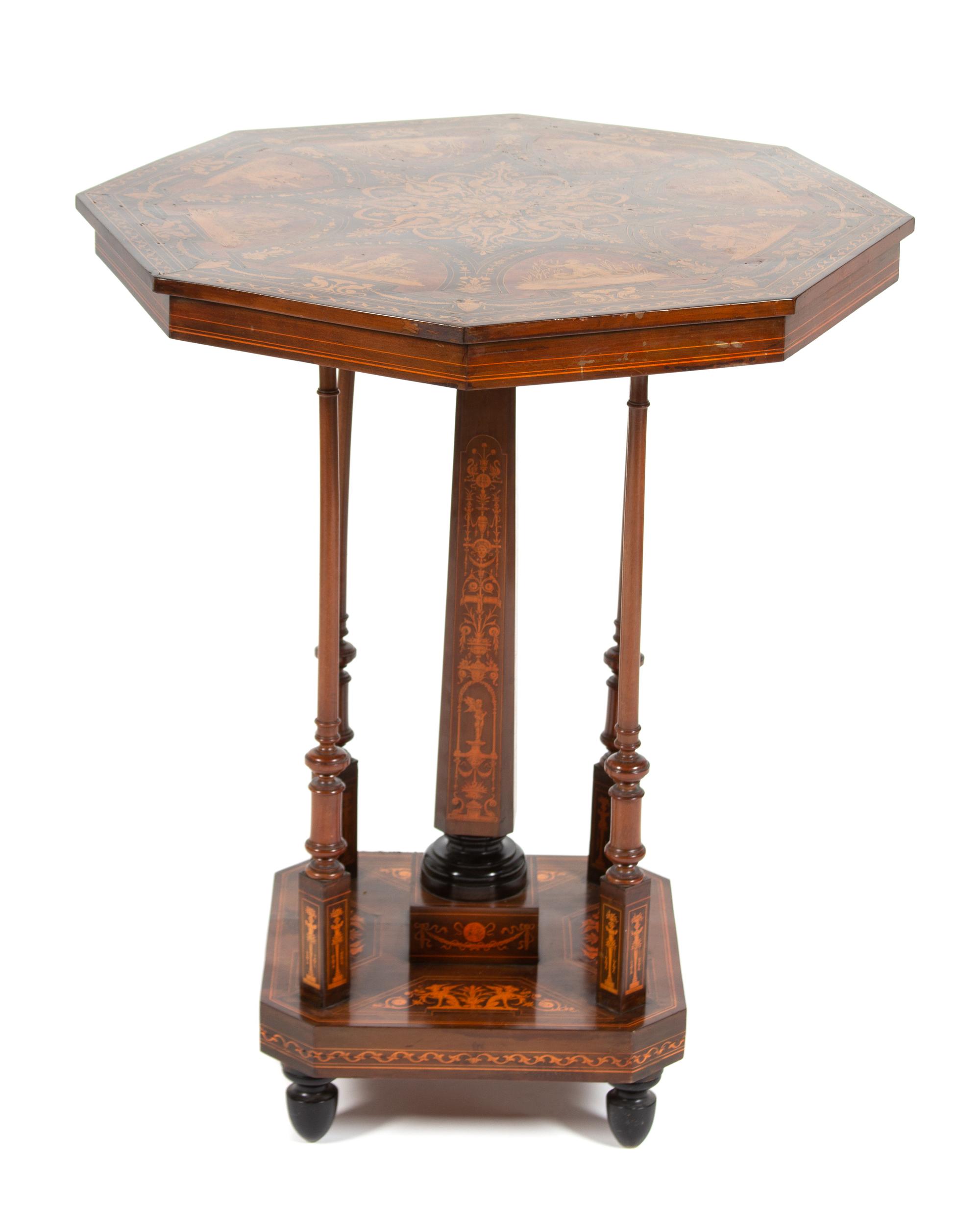 An Italian Marquetry and Penwork Octagonal Table Height 30 1/4 x diameter 26 inches. — LATE 19TH/EARLY 20TH CENTURY