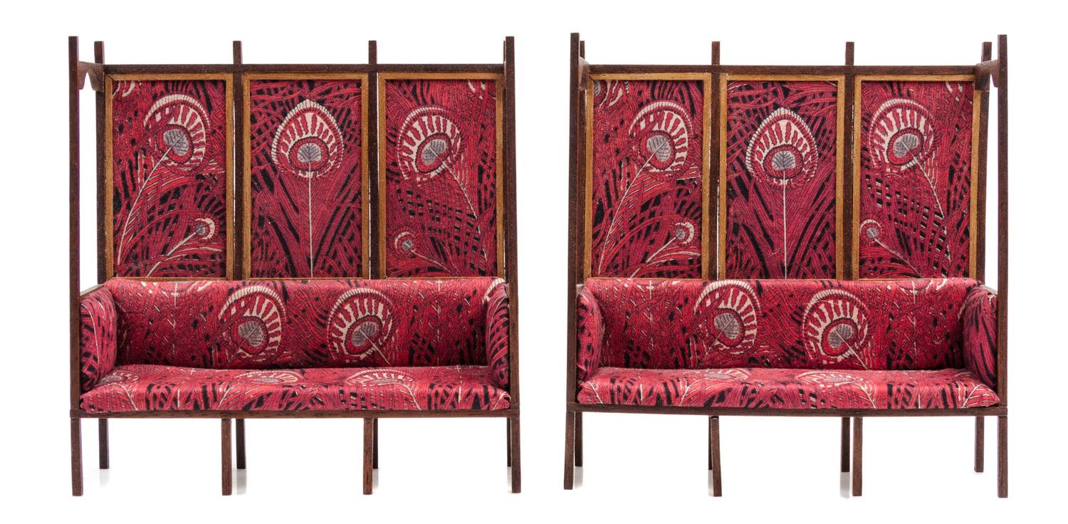 A Pair of Art Nouveau Style Copper Mounted Hall Benches Height 6 x width 5 3/4 x depth 1 5/8 inches. — Miren and Michael Tong