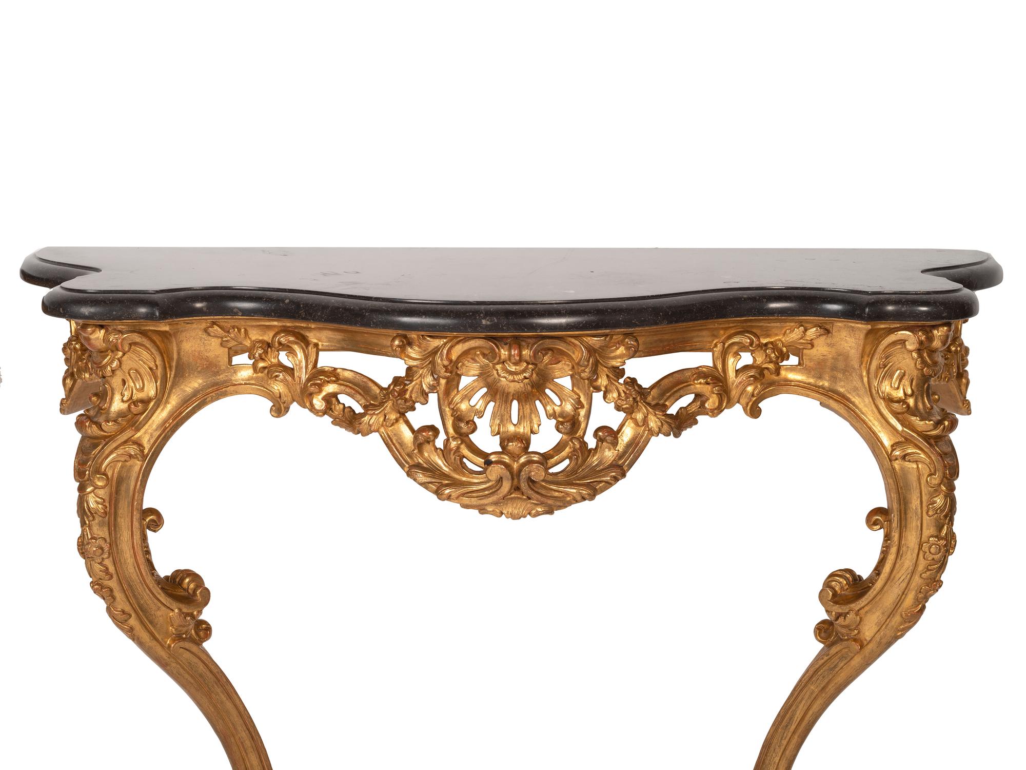 A Pair of Rococo Style Giltwood Marble Top Console Tables