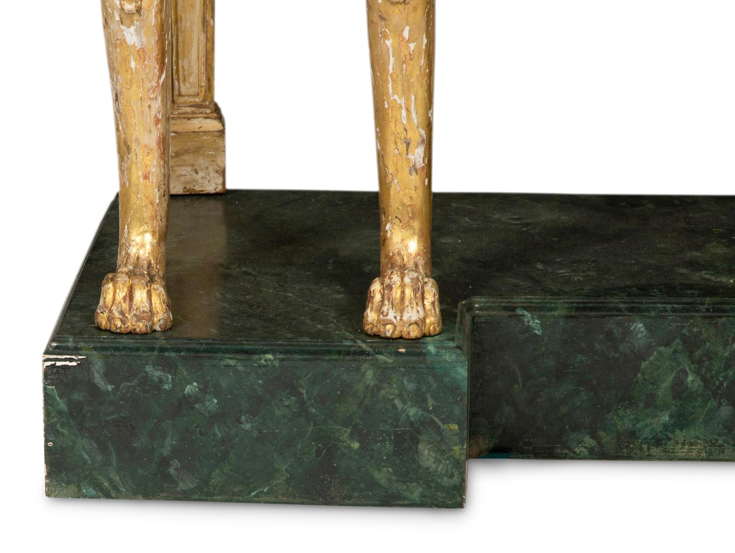 A Palladian Revival Giltwood, Inlaid Marble and Faux Marble-Painted Console Table