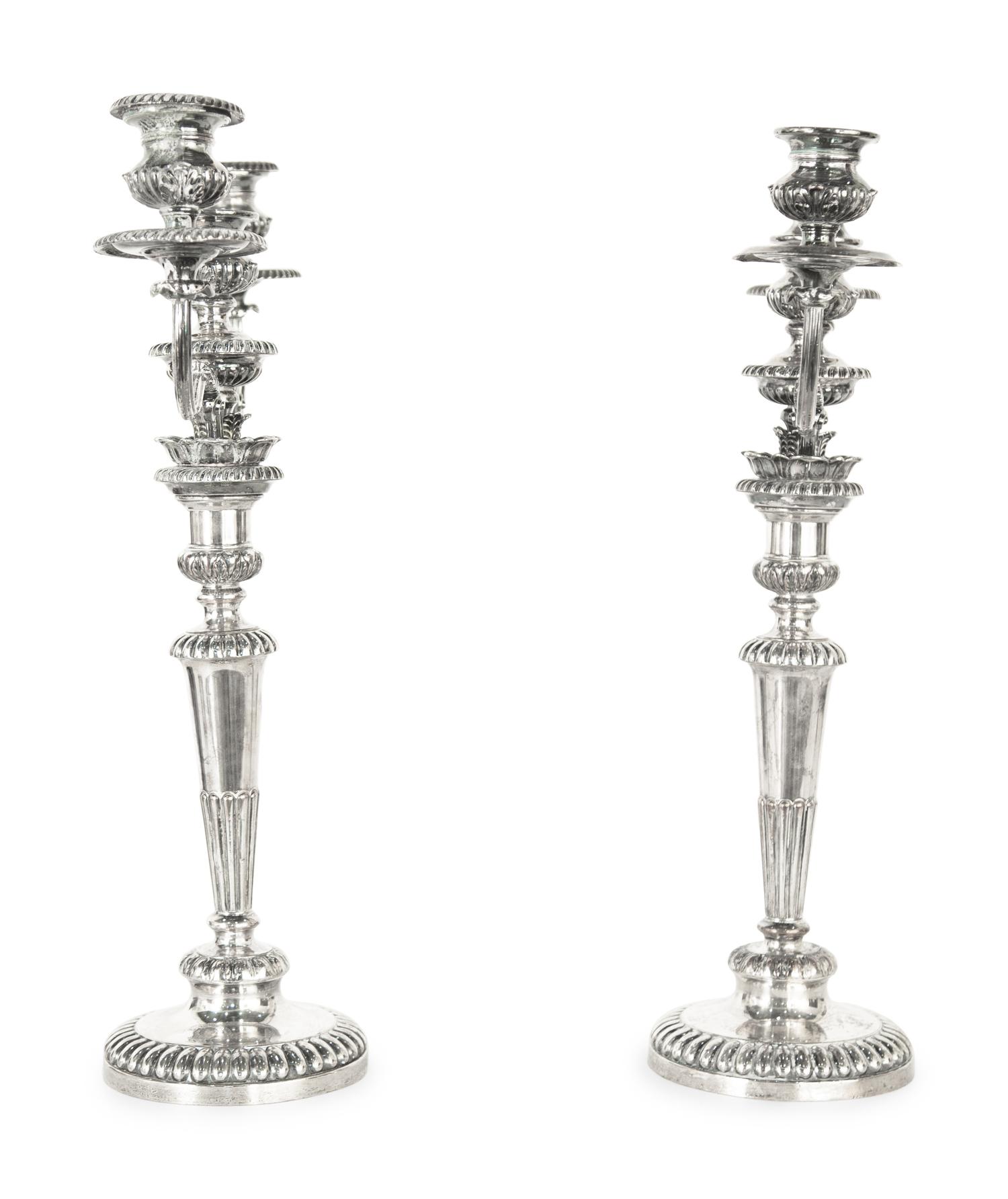 A Pair of English Silver-Plate Three-Light Candelabra