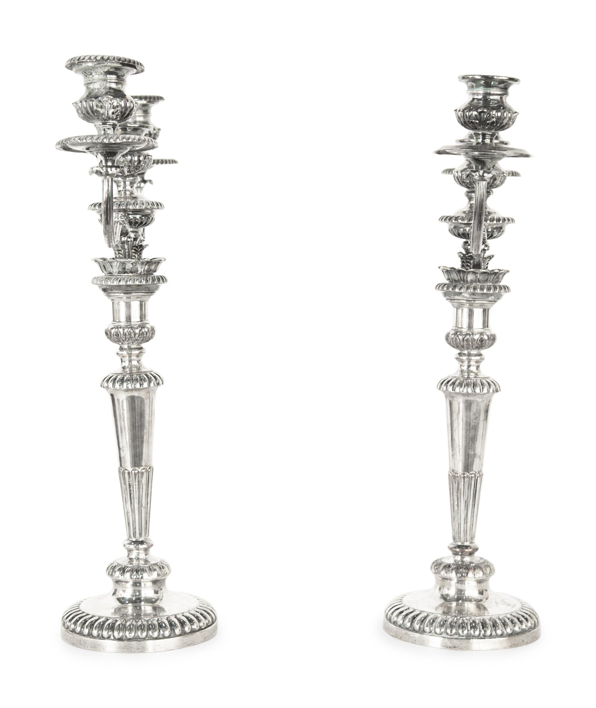 A Pair of English Silver-Plate Three-Light Candelabra