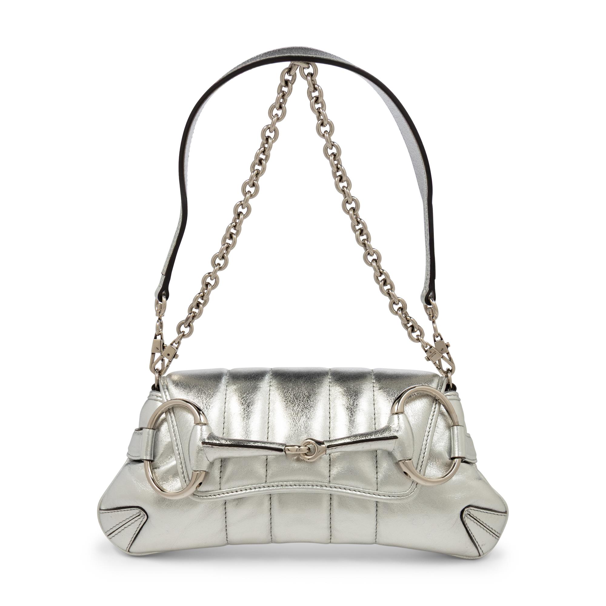 GUCCI, SILVER LEATHER HORSEBIT BAG