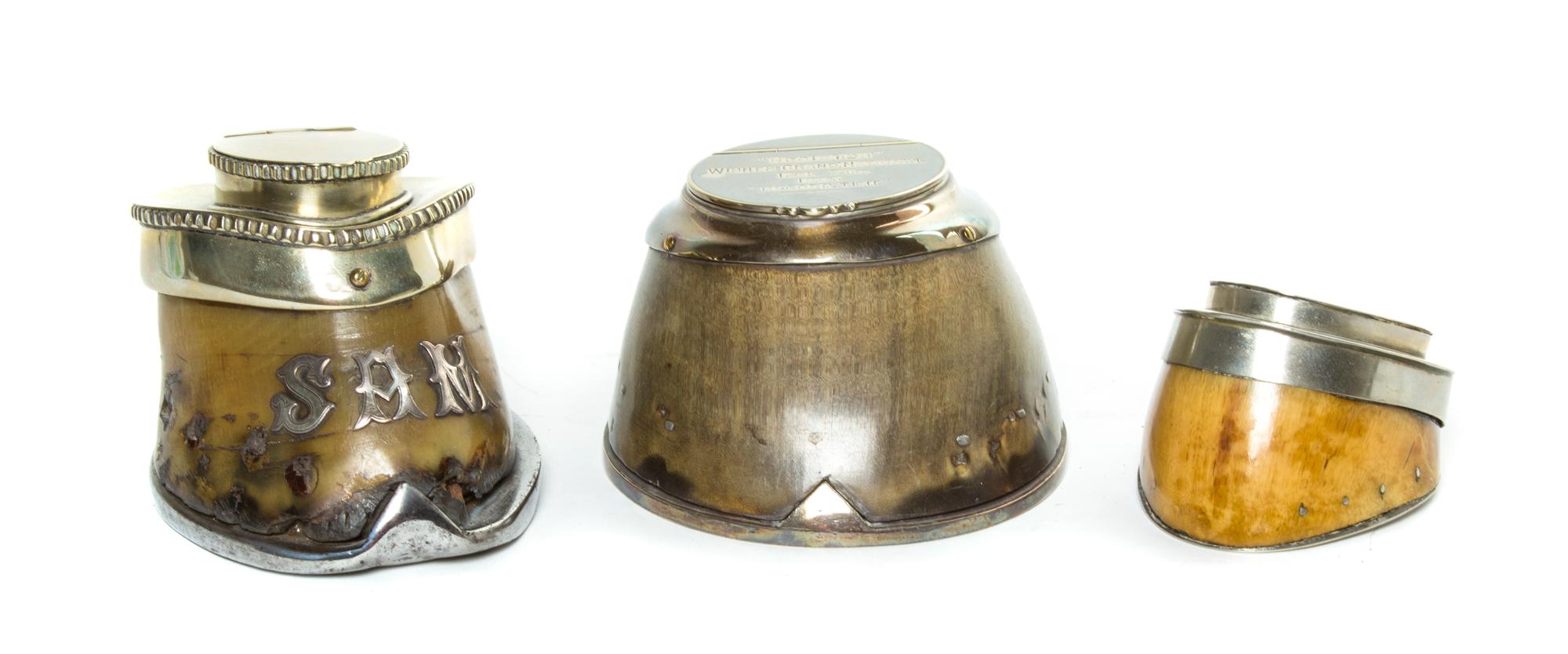 A Collection of Three Silverplate Mounted Hoof Boxes, Length of first overall 6 1/2 inches.