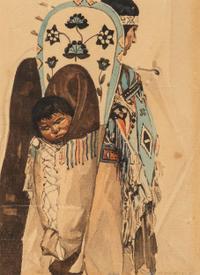 Watercolor Triptych of Plains Indians, signed Menete