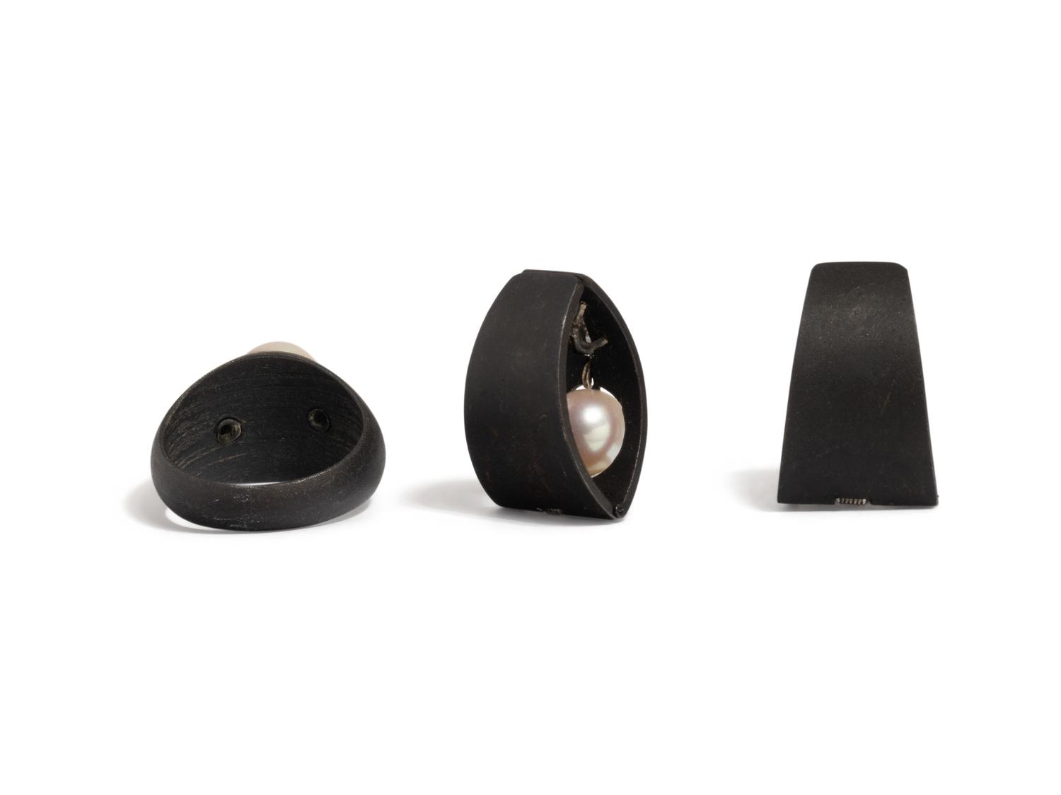 MARSH & CO., BLACKENED STEEL, CULTURED PEARL AND DIAMOND RING AND EARRINGS