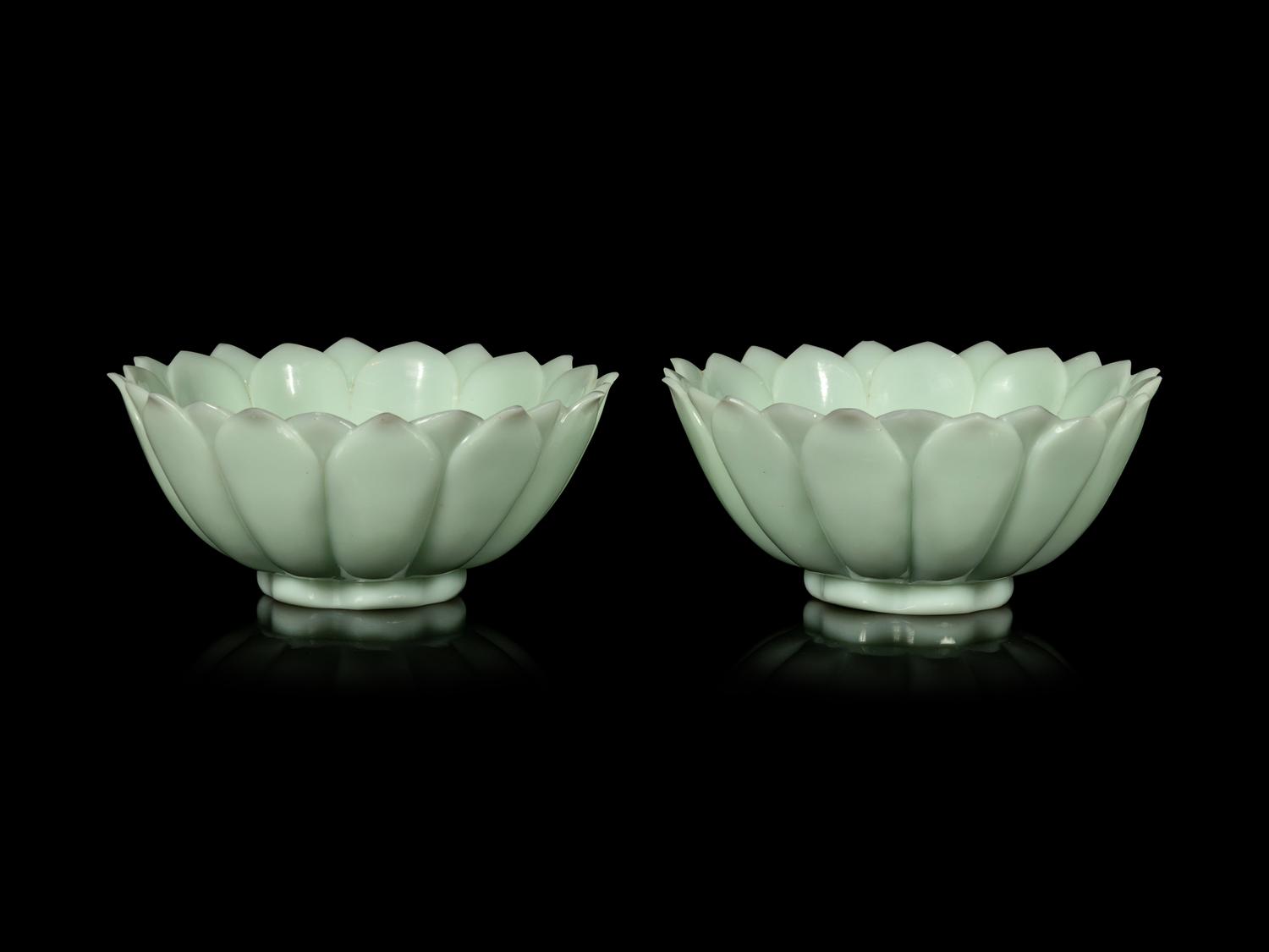 A Pair of Chinese Celadon Glass 'Lotus' Bowls