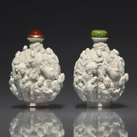 An Assembled Pair of Molded Porcelain "Lohan" Snuff Bottles, Qing Dynasty, Jiaqing Period — 清嘉慶 白釉瓷胎模製十八羅漢鼻煙壺兩支