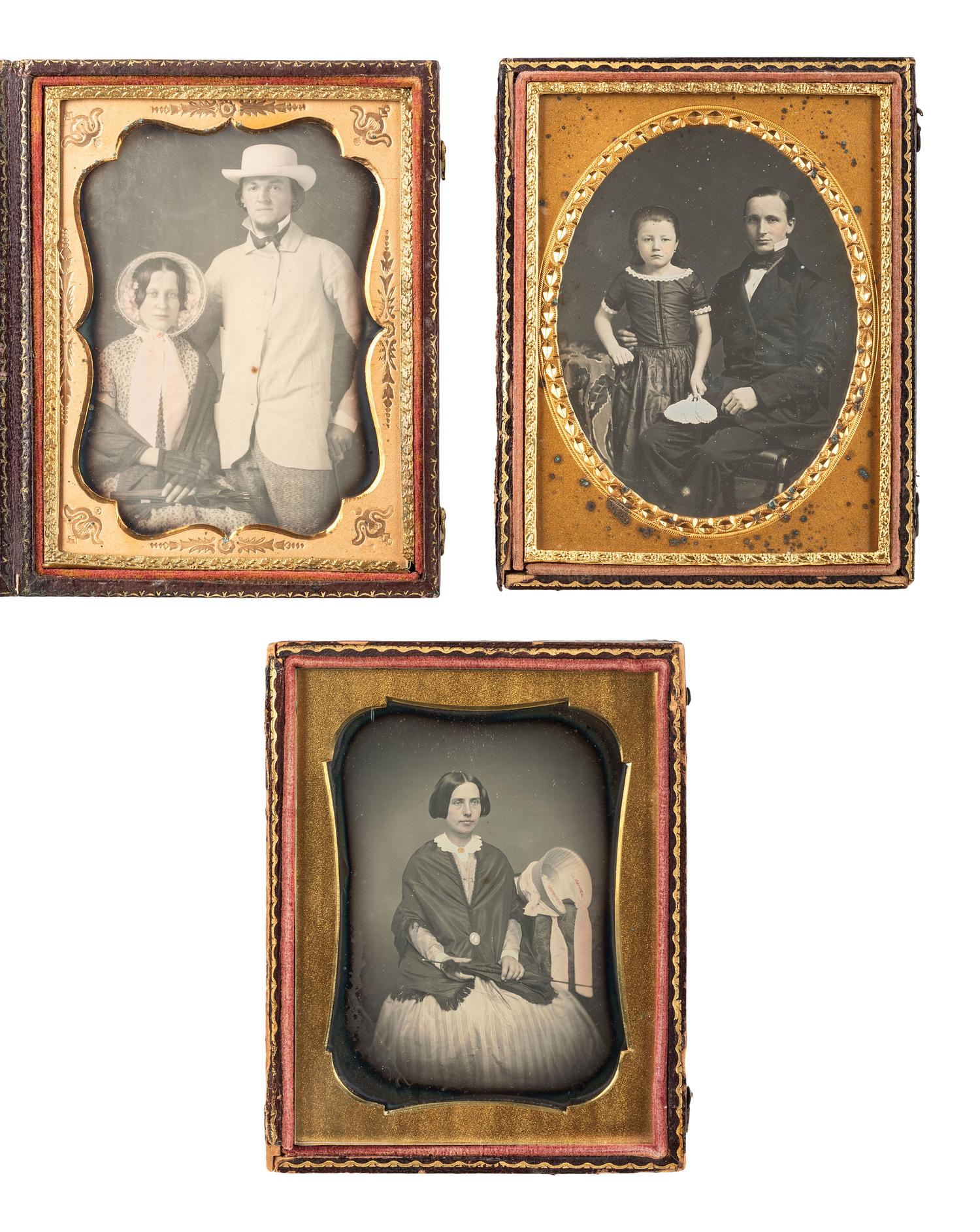 [EARLY PHOTOGRAPHY]. 7 daguerreotype portraits featuring female subjects with hats, fans, and parasols.