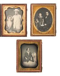 [EARLY PHOTOGRAPHY]. 7 daguerreotype portraits featuring female subjects with hats, fans, and parasols.