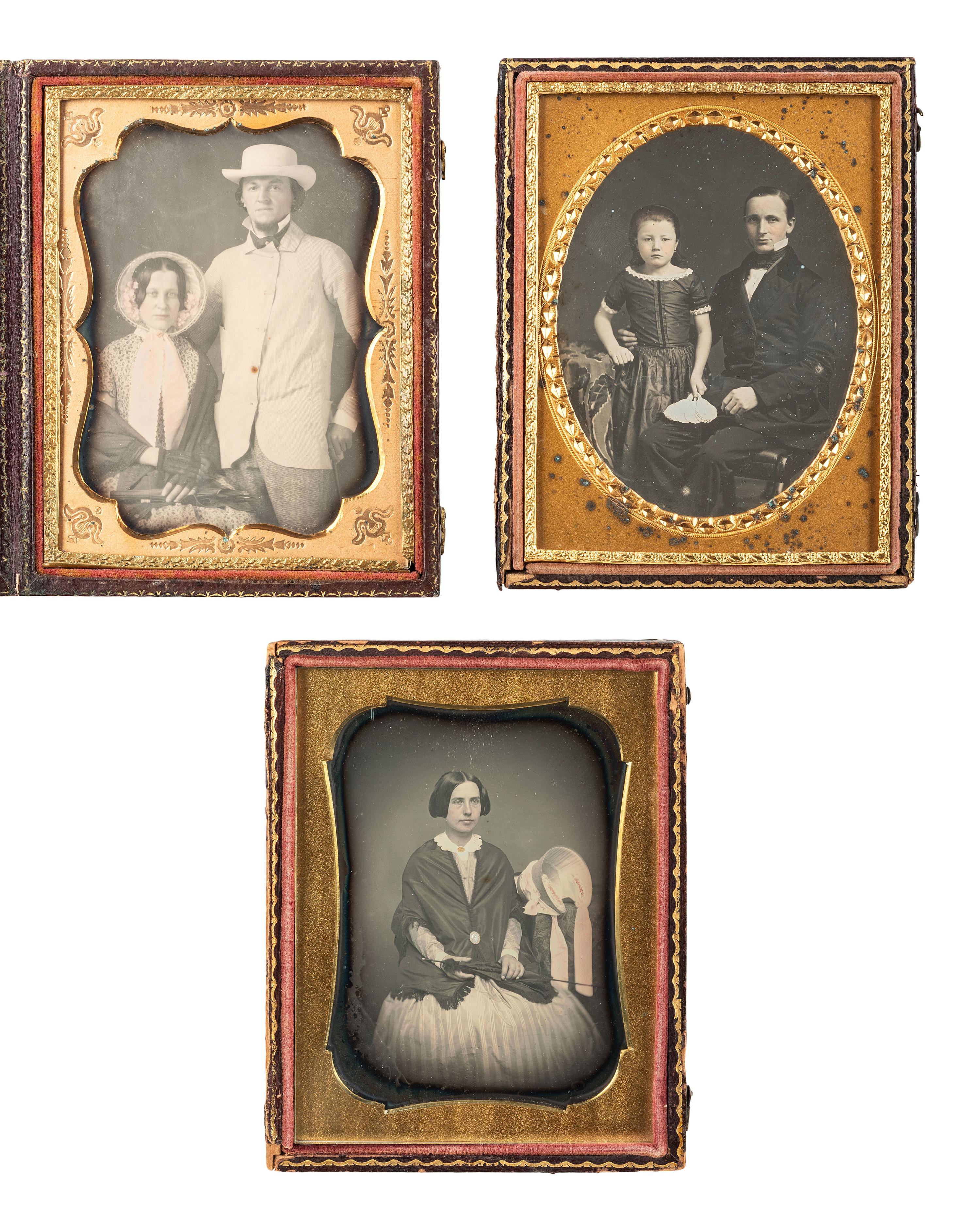 [EARLY PHOTOGRAPHY]. 7 daguerreotype portraits featuring female subjects with hats, fans, and parasols.