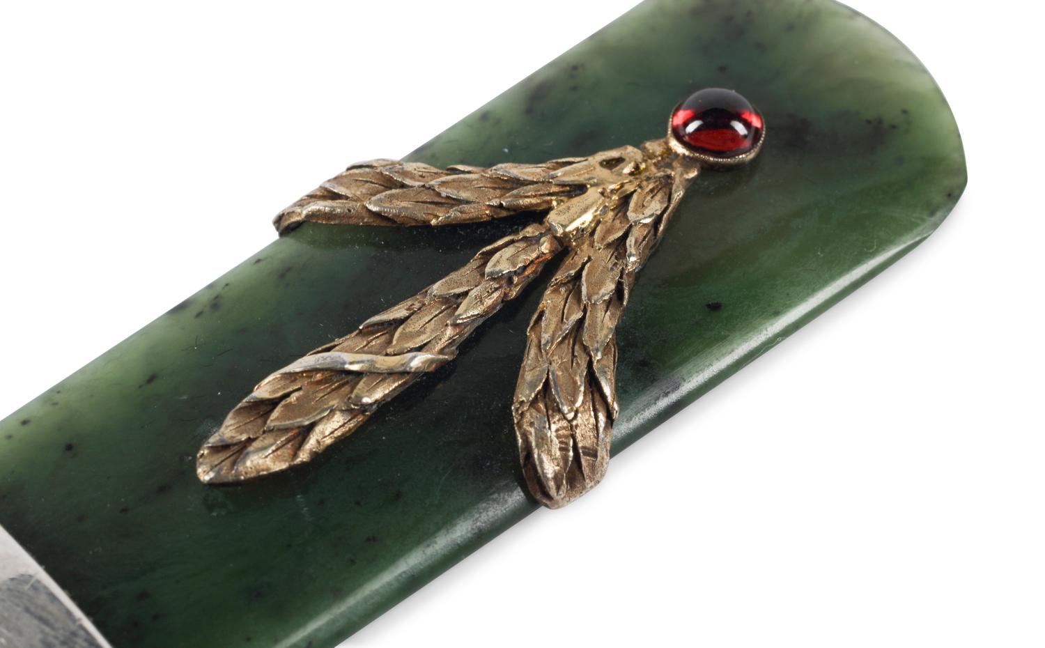 A Silver, Silver-Gilt and Hardstone Cabochon Mounted Nephrite Letter Opener