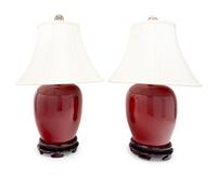 A Pair of Copper Red Glazed Porcelain Jars Mounted as Lamps