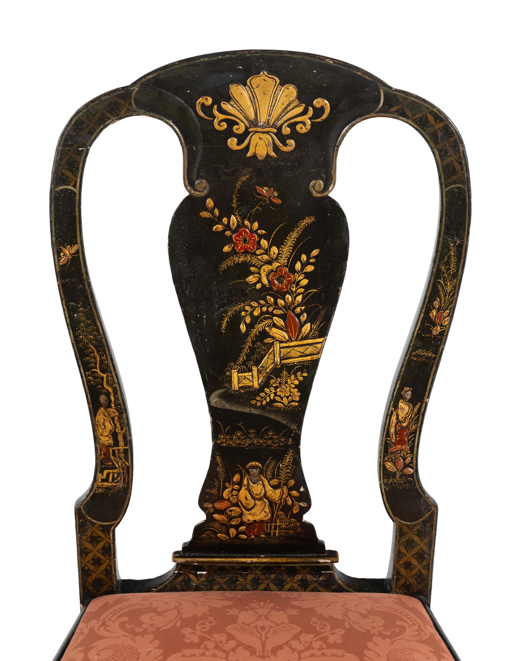 A Pair of Queen Anne Style Black Japanned Side Chairs