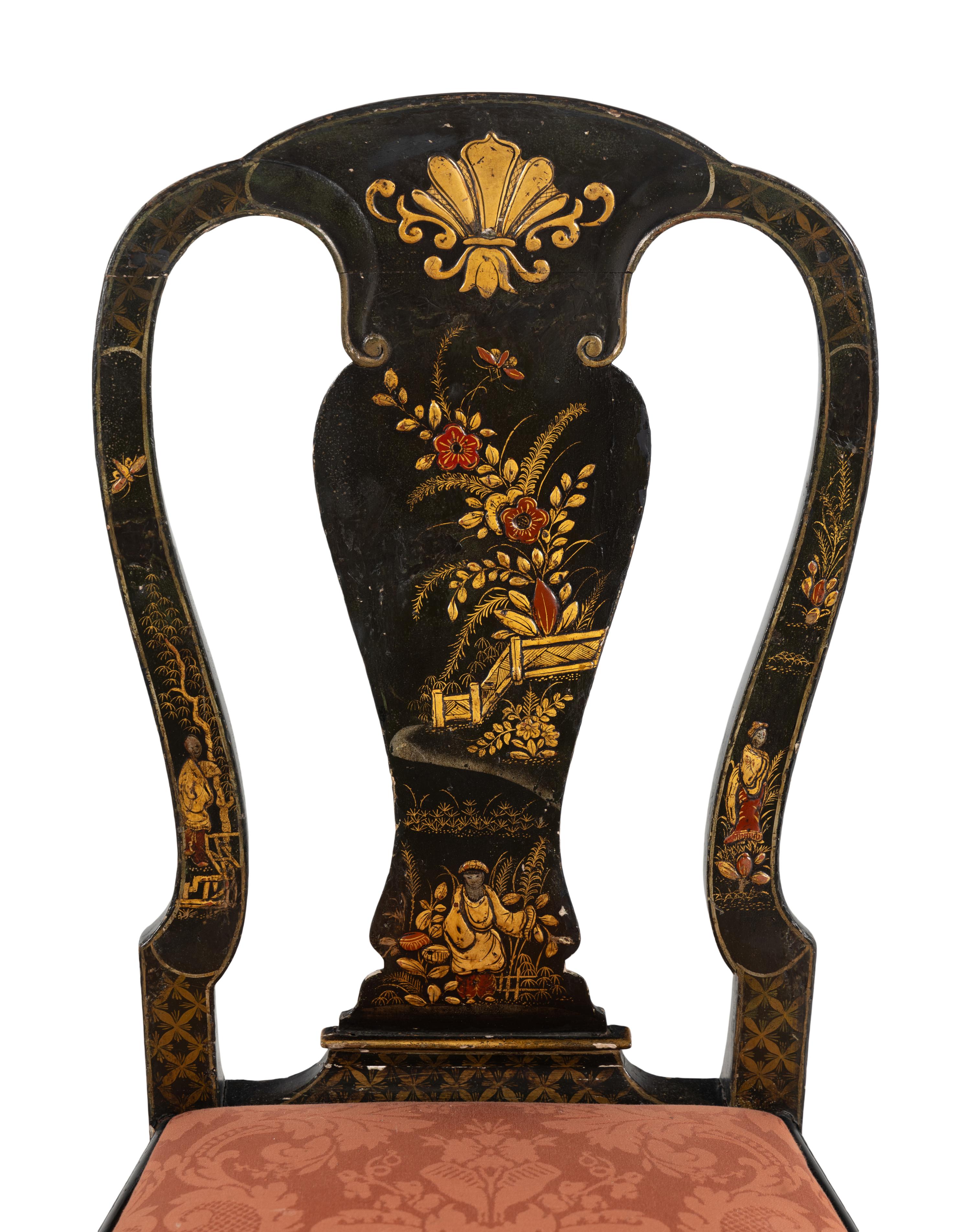 A Pair of Queen Anne Style Black Japanned Side Chairs