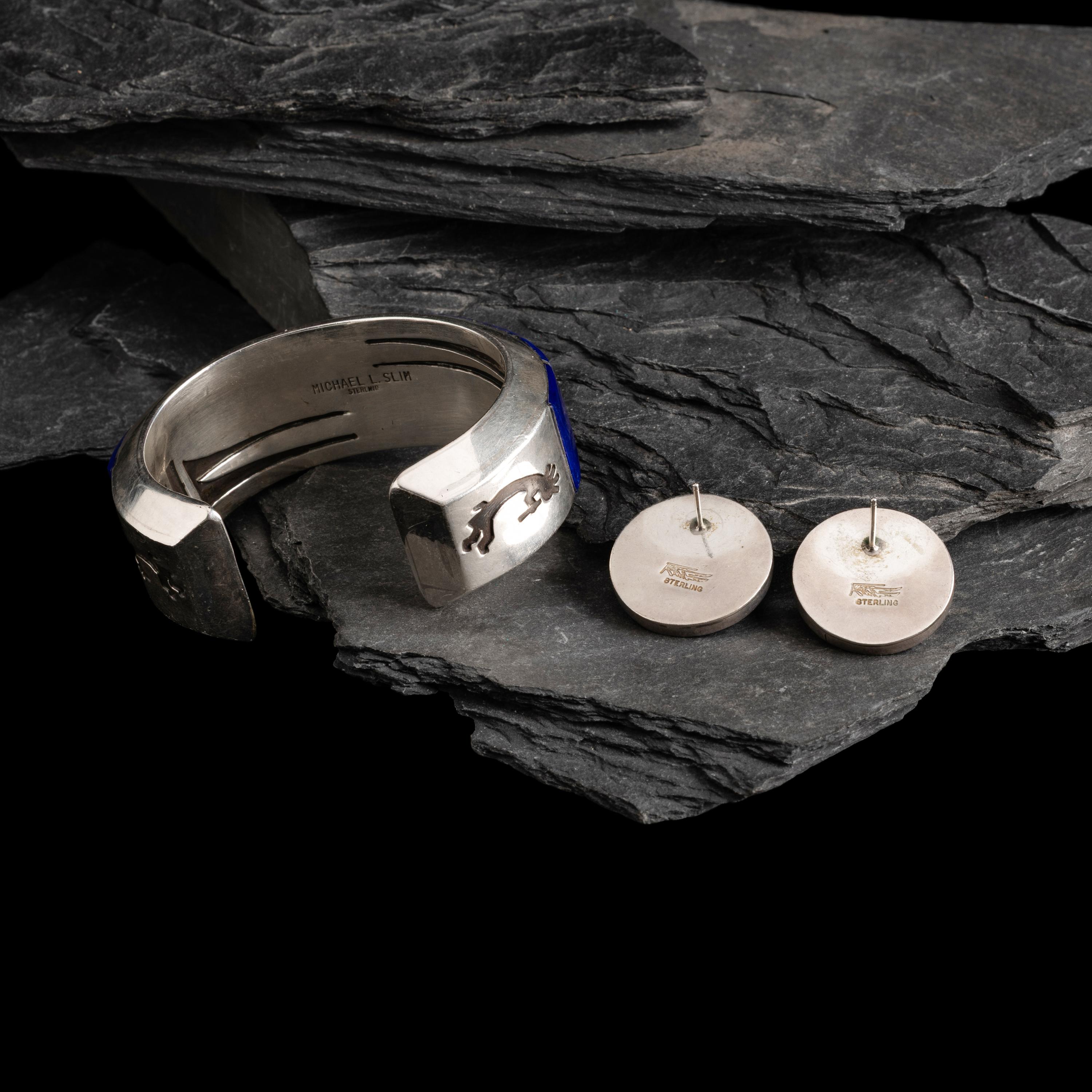 Michael L. Slim AND Knifewing Segura (Diné, act. since 1980s) AND (Chiricahua Apache, 20th century) — Sterling Silver and Lapis Cuff Bracelet and Post Earrings