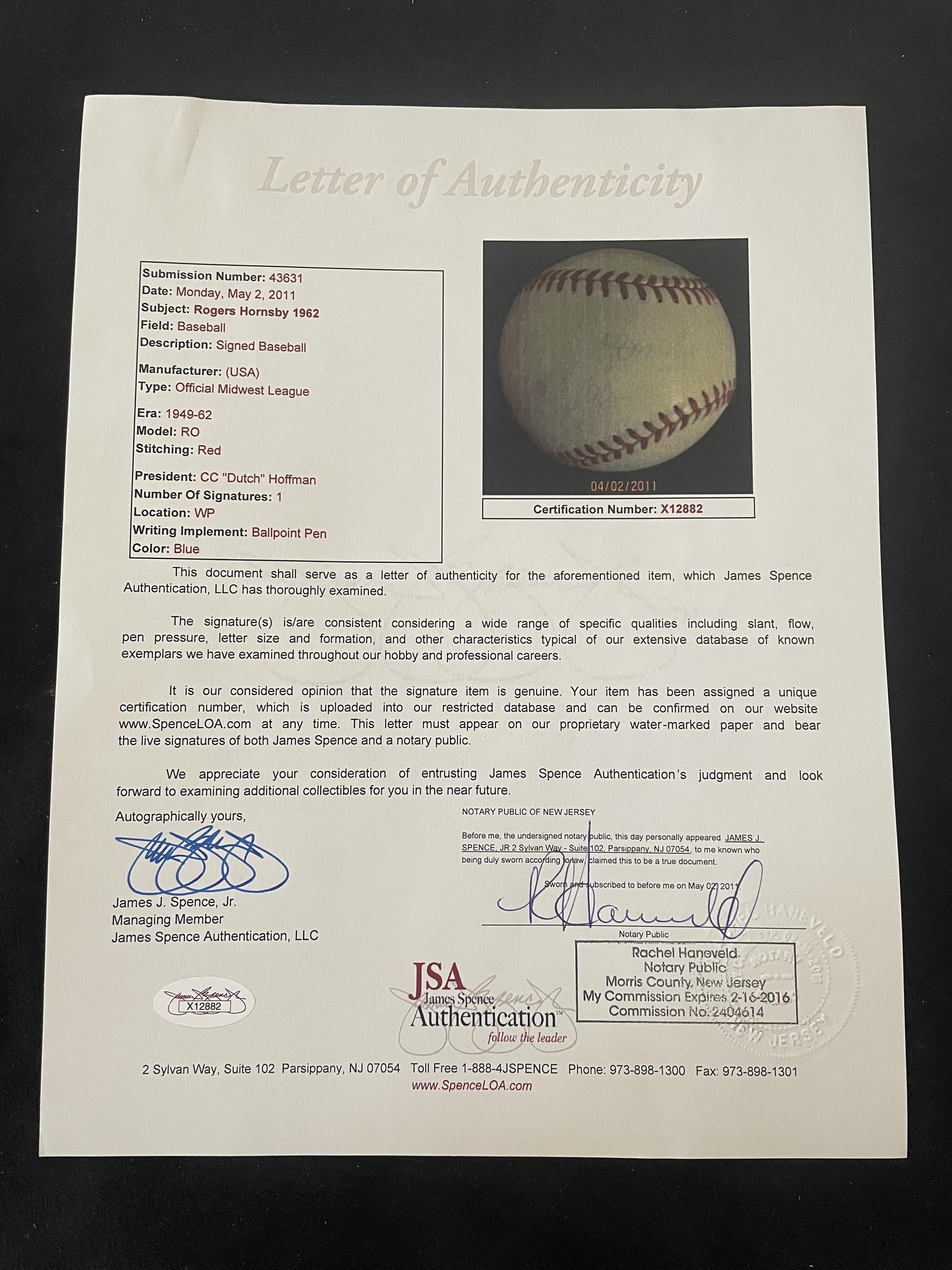 A Rogers Hornsby Single Signed Autograph Baseball (JSA Letter)