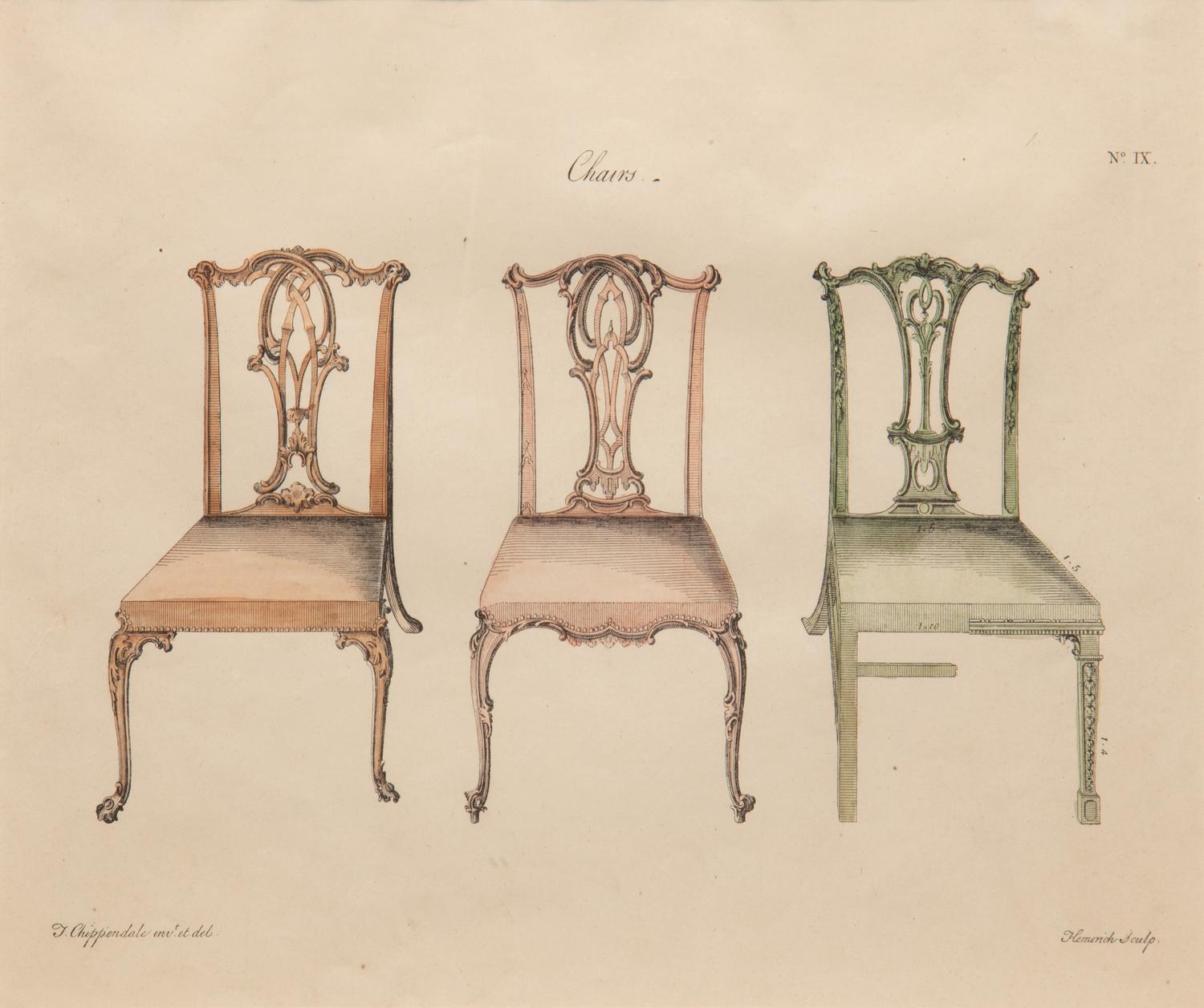 A Set of Eleven Giltwood-Framed French Colored Furniture Engravings