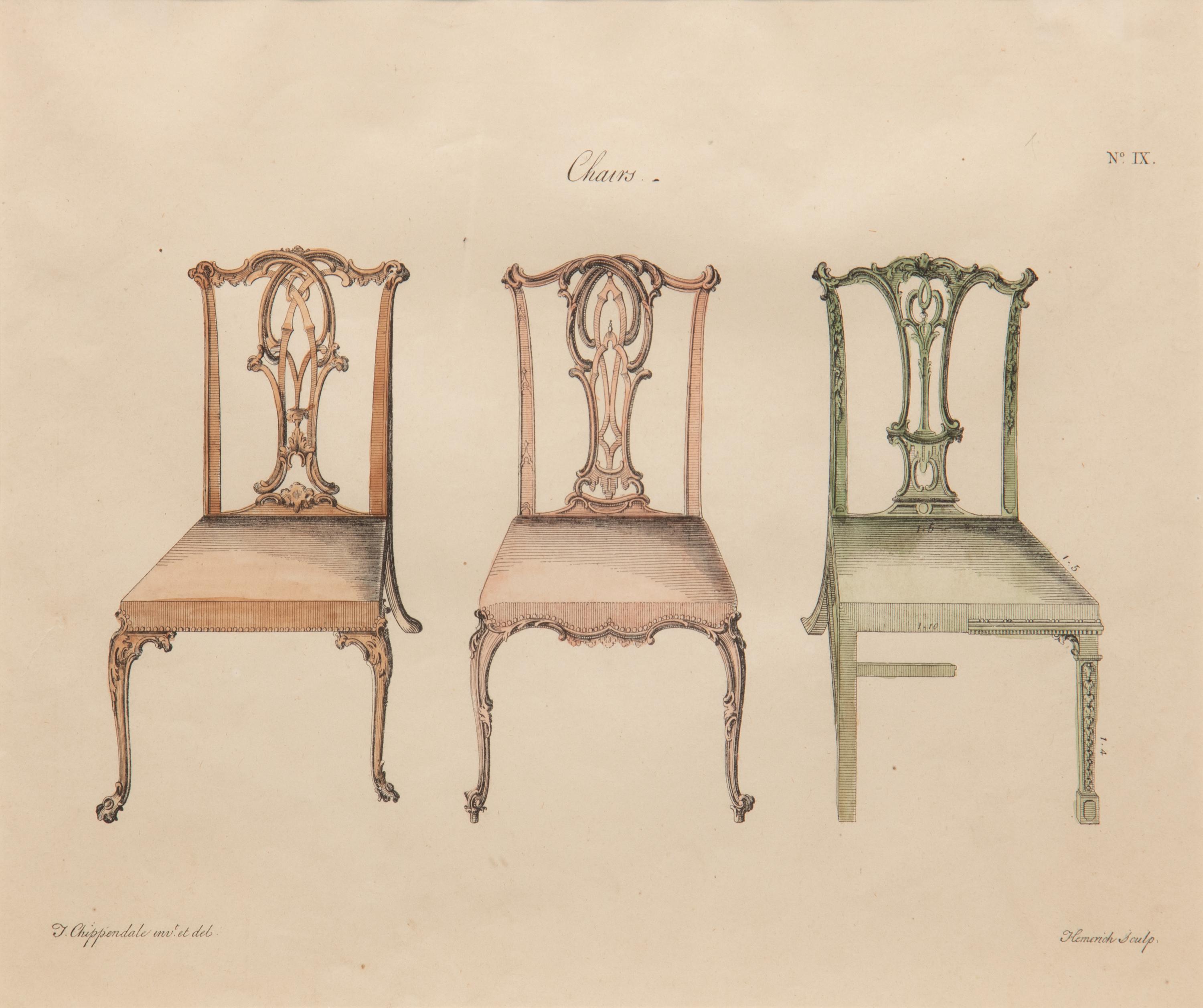 A Set of Eleven Giltwood-Framed French Colored Furniture Engravings