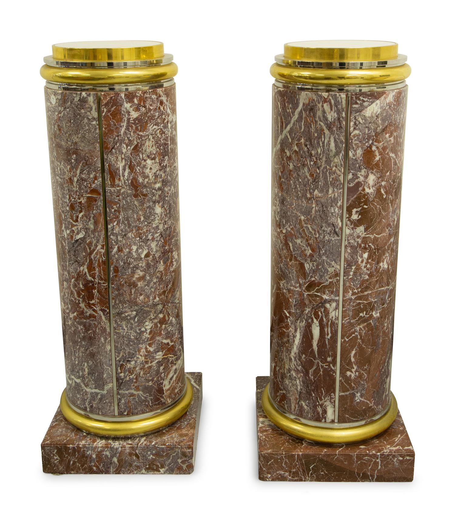 A Pair of Gilt Bronze Mounted Red Marble Pedestals