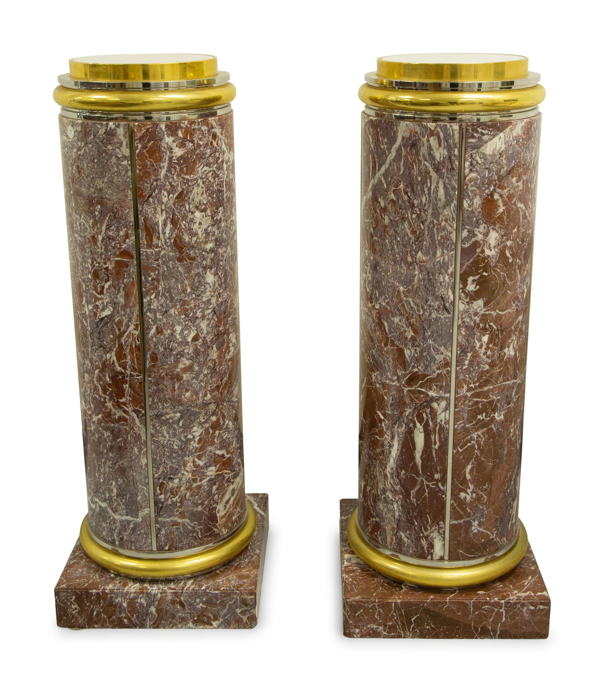 A Pair of Gilt Bronze Mounted Red Marble Pedestals