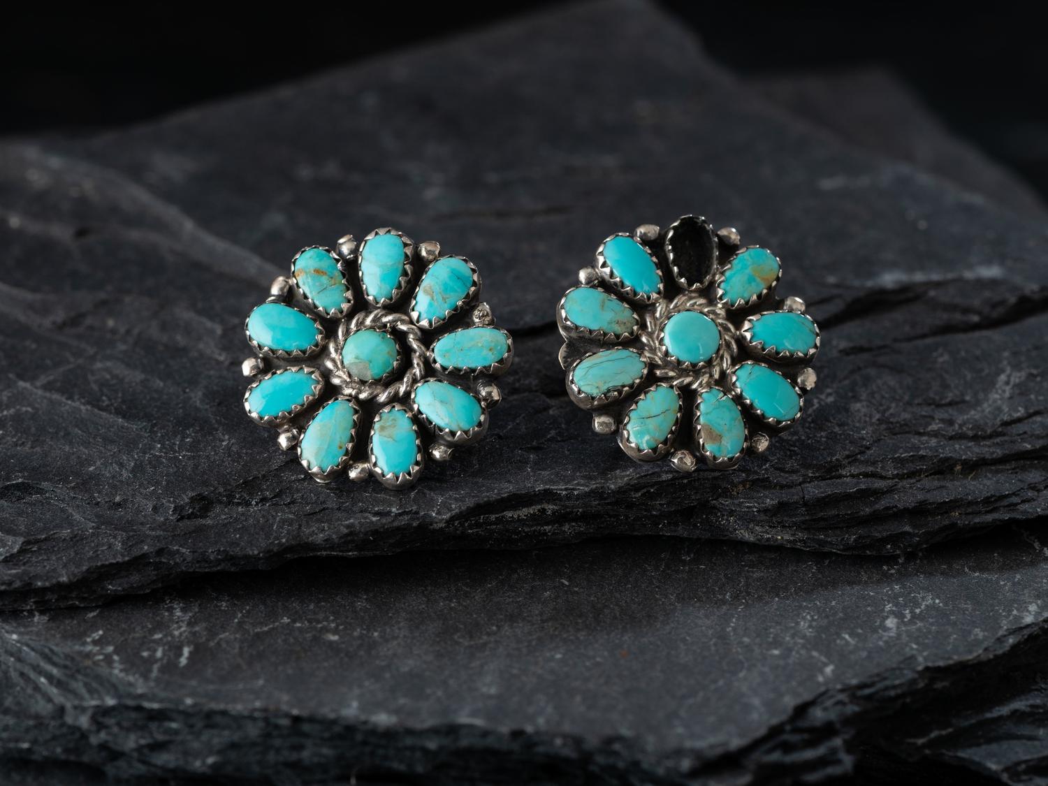Sterling Silver and Petit Point Turquoise Cluster Necklace and Post Earrings