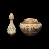 A Japanese Satsuma Type Enameled Pottery Miniature Vase and Covered Koro, Meiji Period
