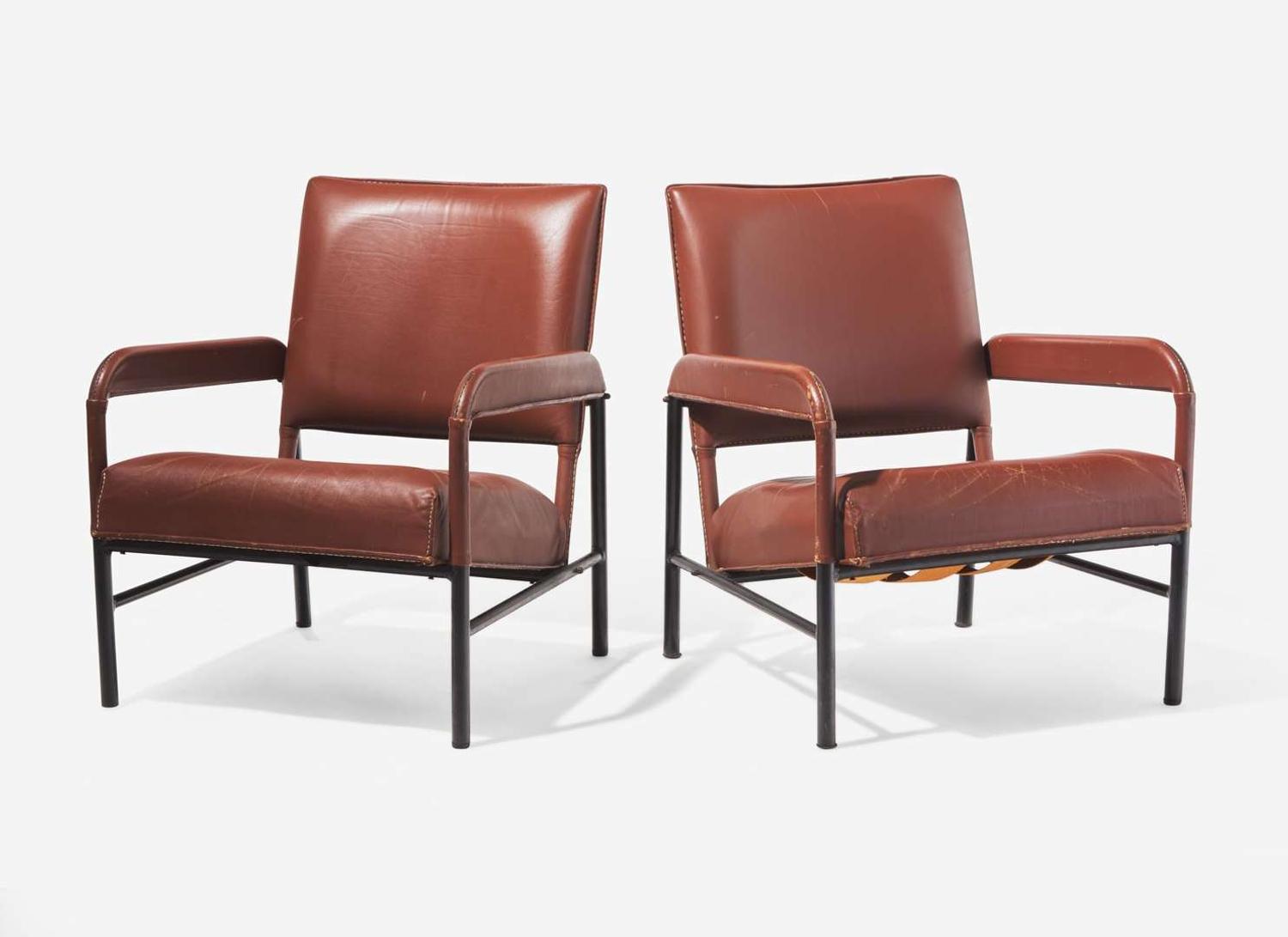 Jacques Adnet, Pair of Leather and Iron Armchairs