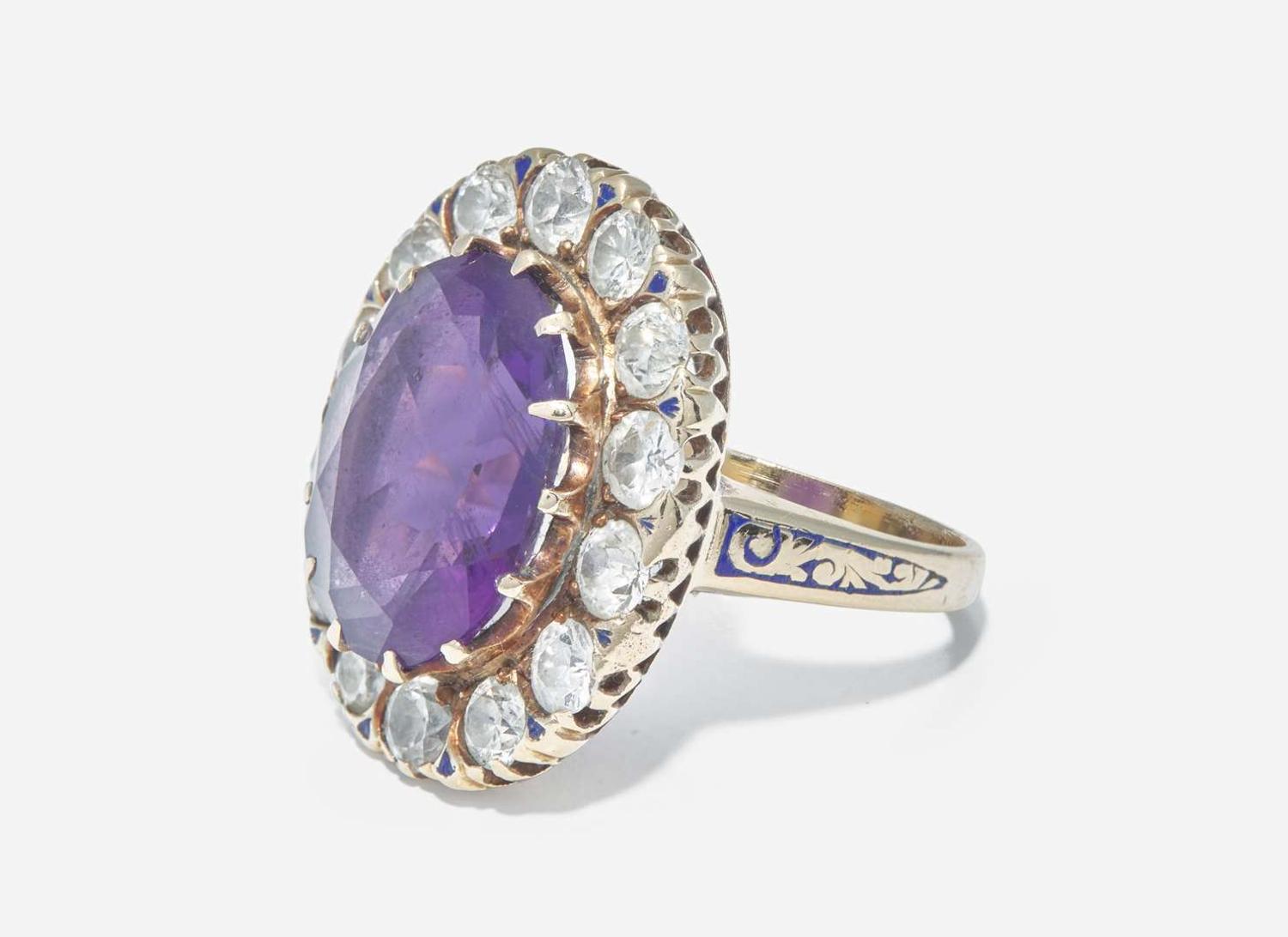 A 10K Yellow Gold, Amethyst, and Diamond Ring