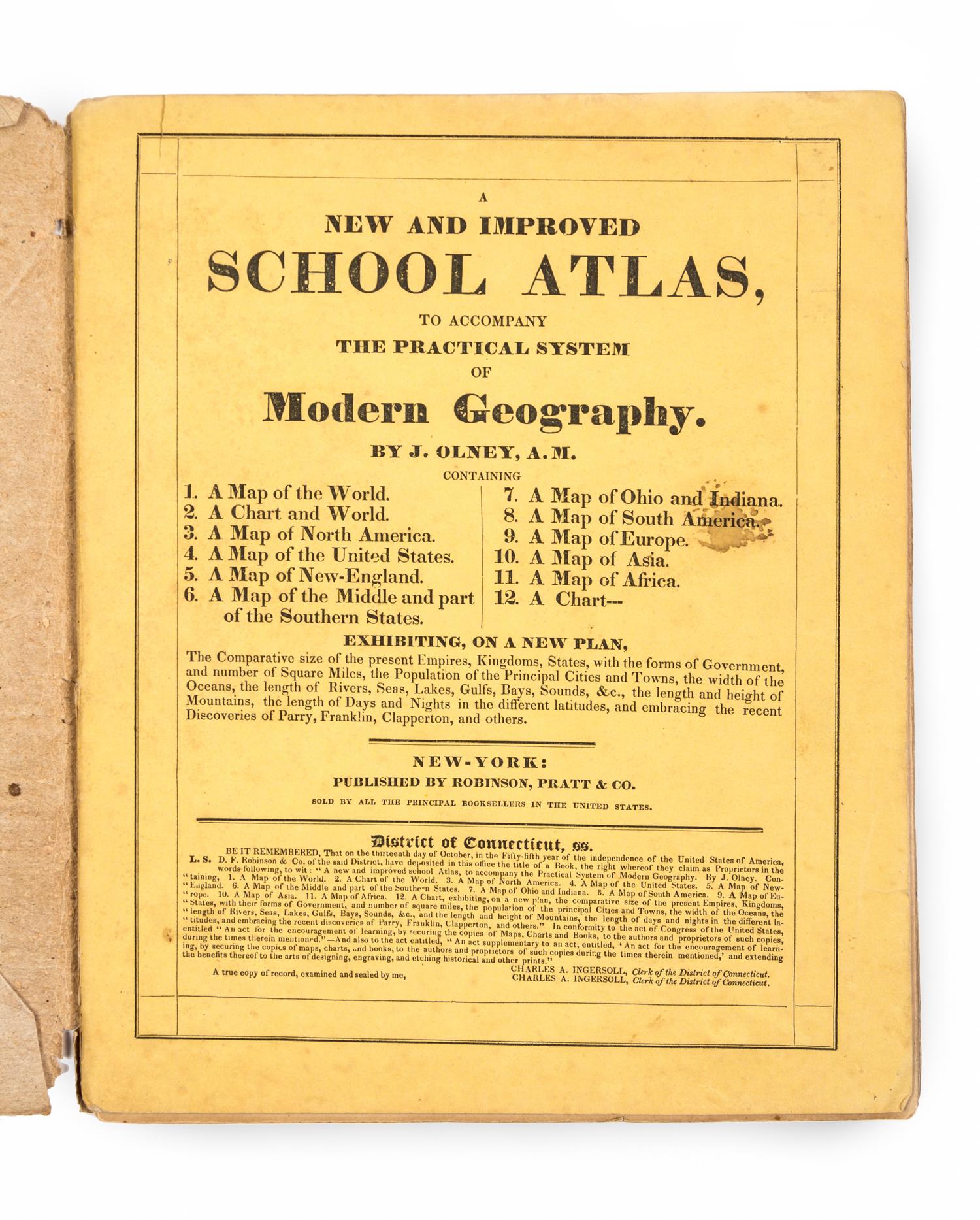 [ATLAS]. OLNEY, Jesse (1798-1872). A New and Improved School Atlas, to Accompany the Practical System of Modern Geography. NY, ca 1831.
