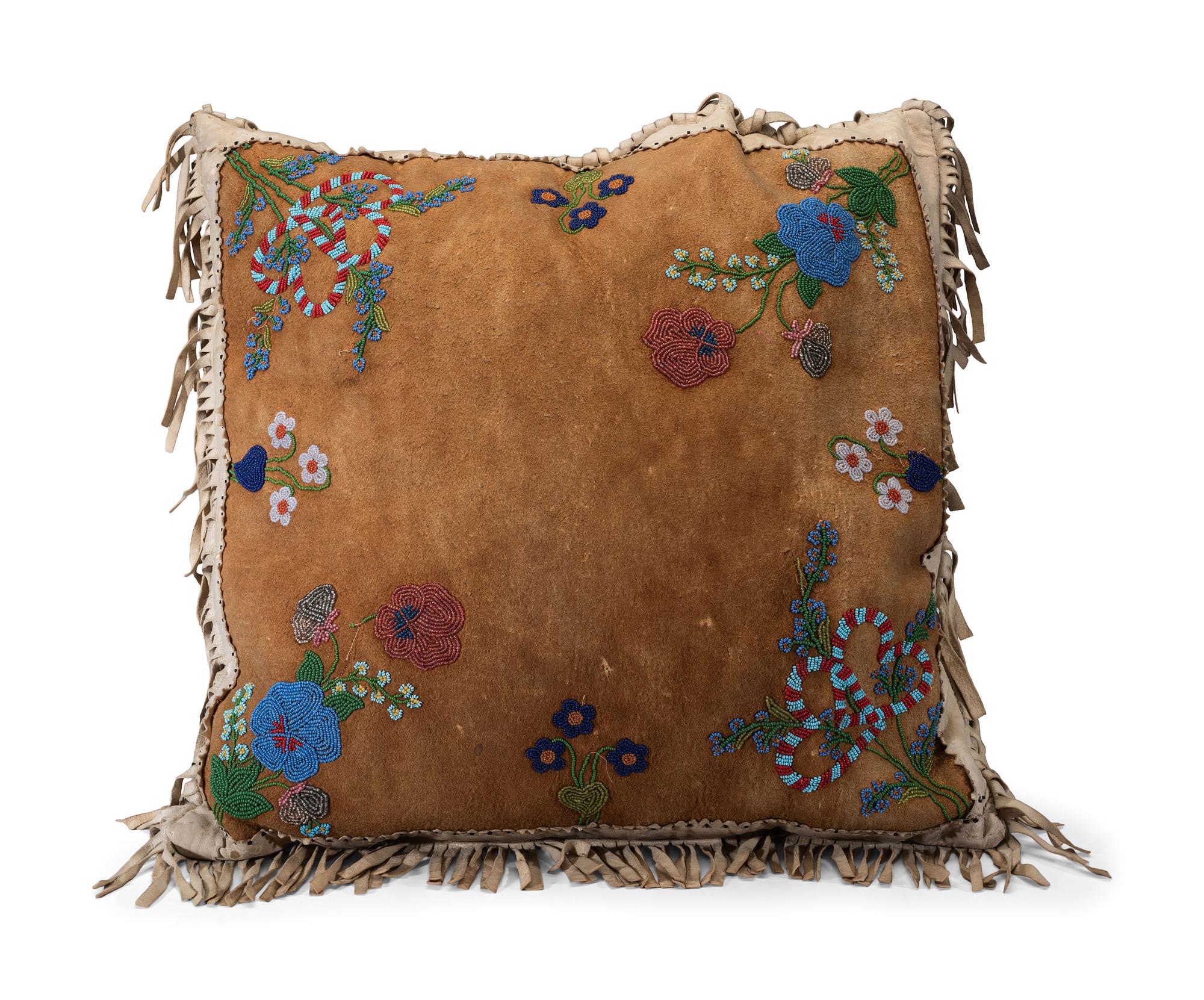 Northern Cree Beaded Hide Pillow and Native-Inspired Hook Rug