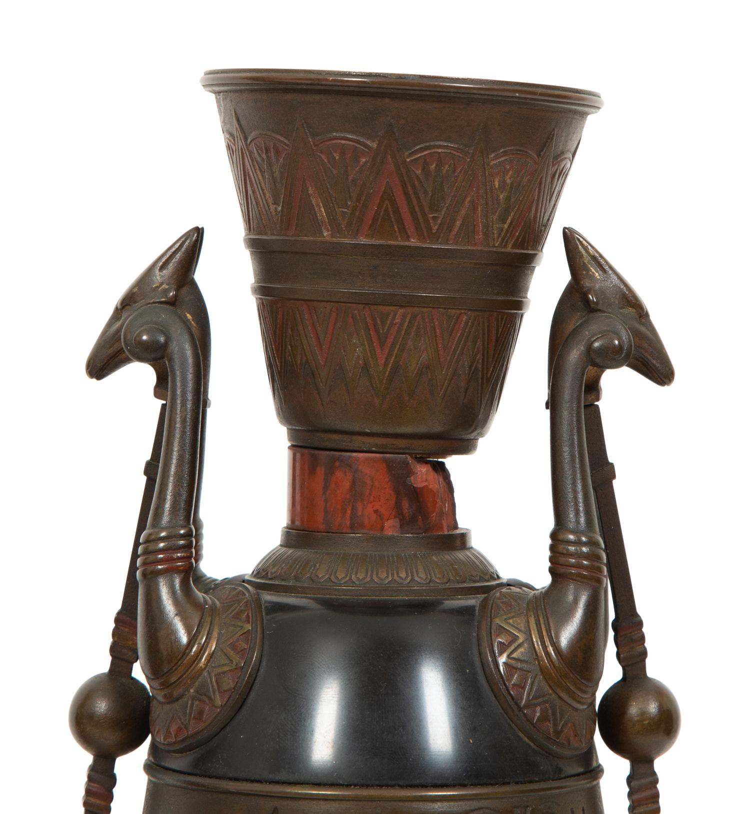 A Pair of French Egyptian Revival Bronze and Marble Urns