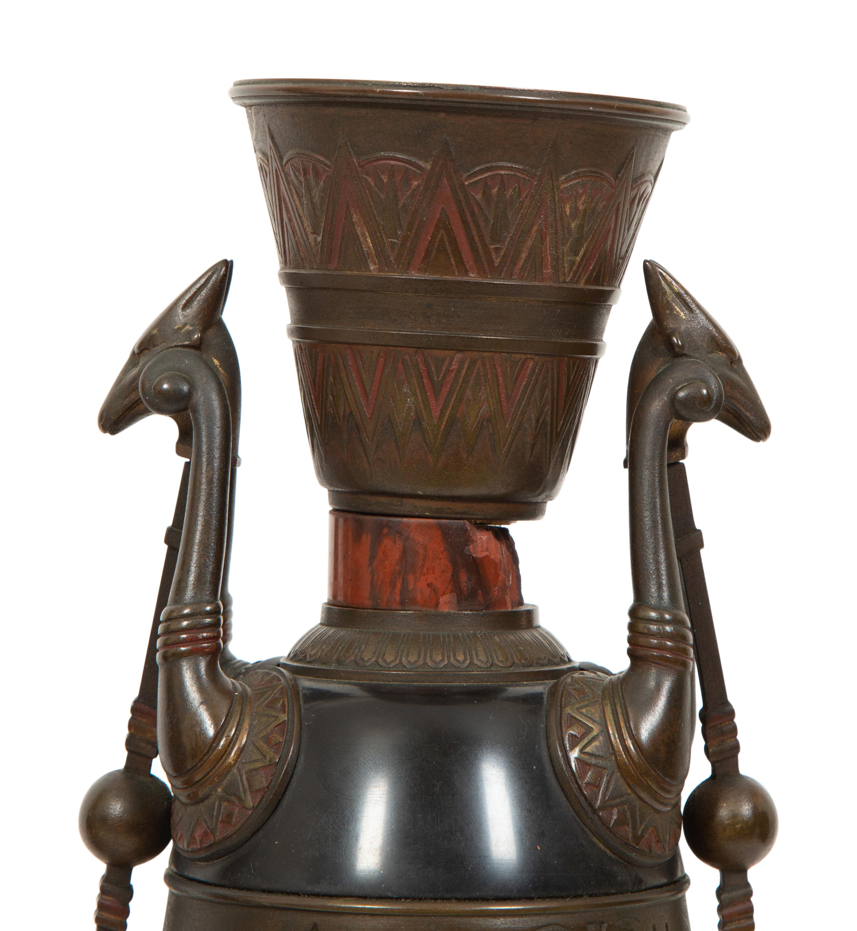 A Pair of French Egyptian Revival Bronze and Marble Urns