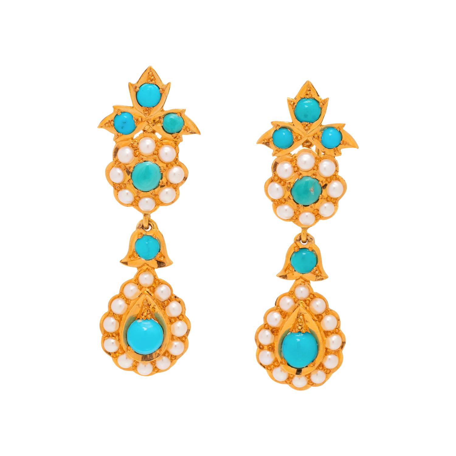 TURQUOISE AND CULTURED PEARL EARCLIPS