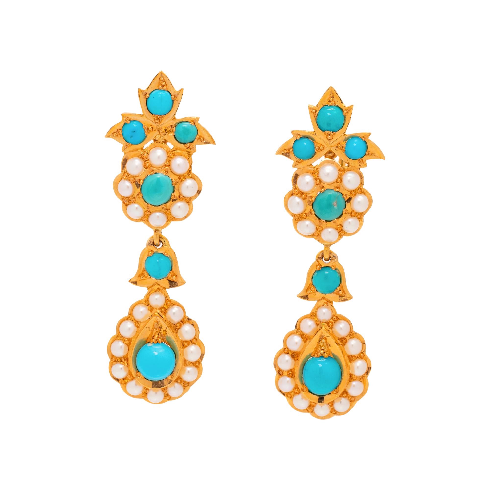 TURQUOISE AND CULTURED PEARL EARCLIPS