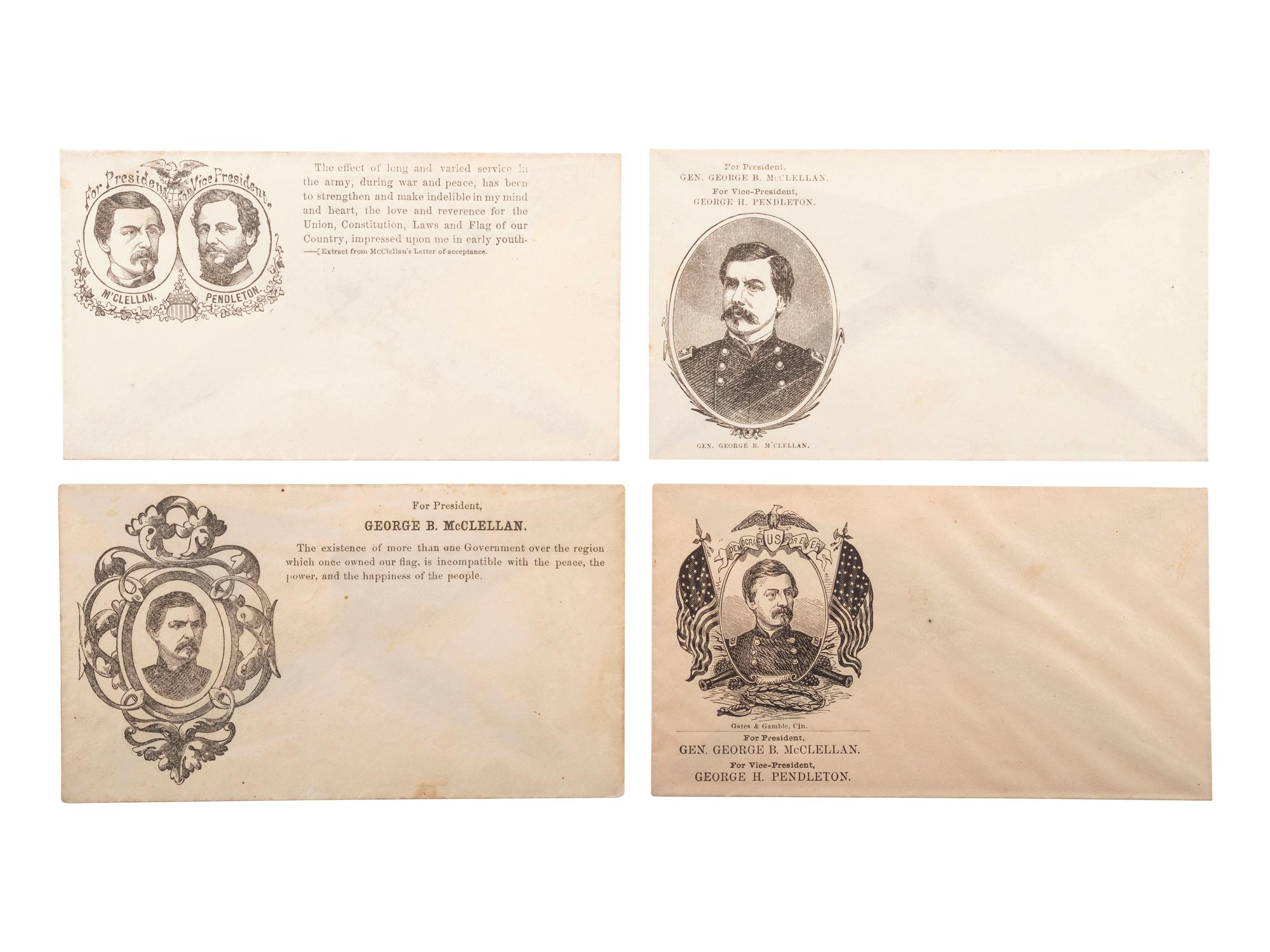 [McCLELLAN, George B. (1826-1885)]. A group of covers, pamphlets, a ballot, and broadsheet related to General McClellan's 1864 presidential campaign.