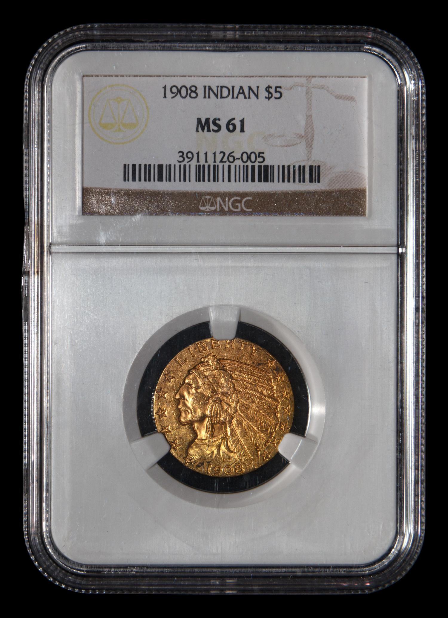 A 1908 Indian Head $5 Gold Coin (NGC MS61)