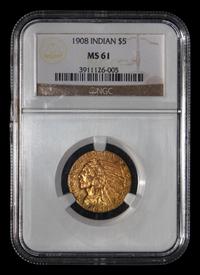 A 1908 Indian Head $5 Gold Coin (NGC MS61)