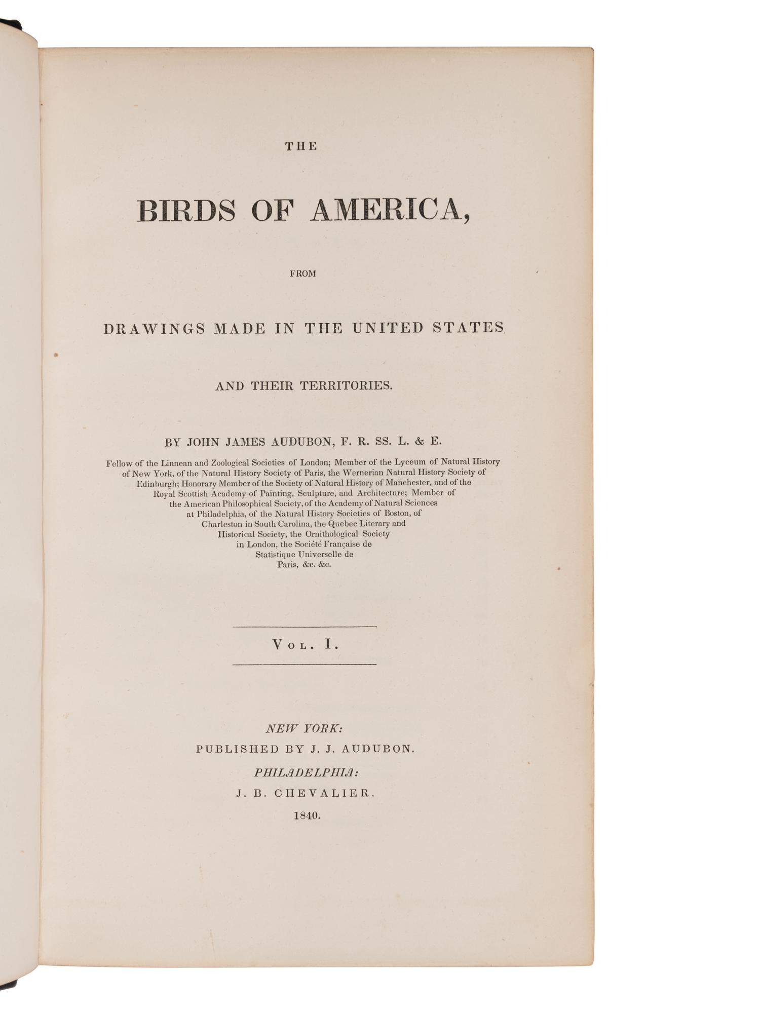 AUDUBON, John James (1785-1851). The Birds of America, from Drawings Made in the United States and their Territories. New York and Philadelphia: J.J. Audubon and J.B. Chevalier, [1839-] 1840-1844.