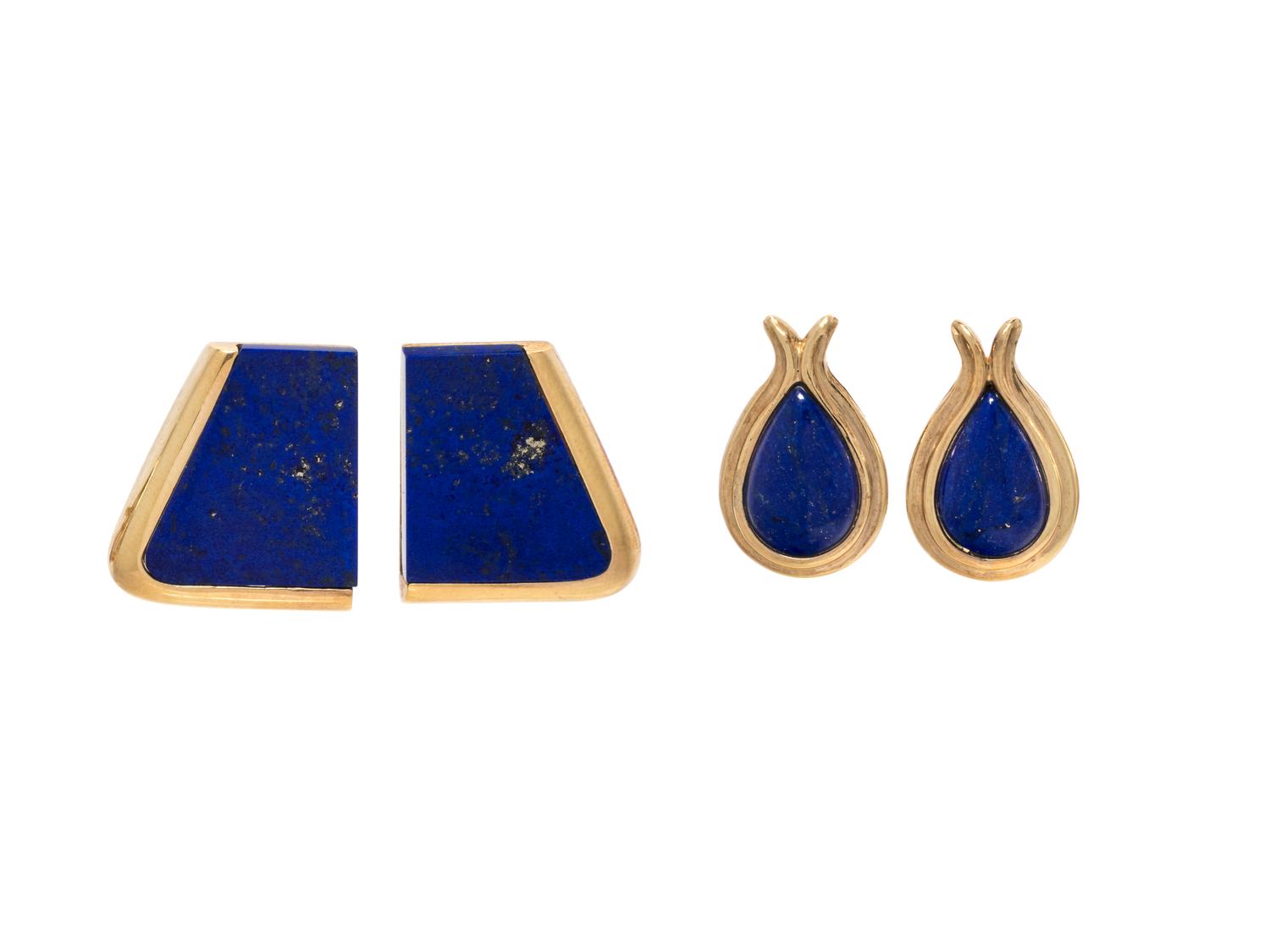 COLLECTION OF YELLOW GOLD AND LAPIS LAZULI EARCLIPS