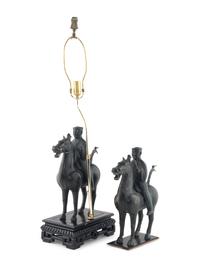 A Pair of Chinese Cast Metal Equestrian Figures Mounted as Lamps