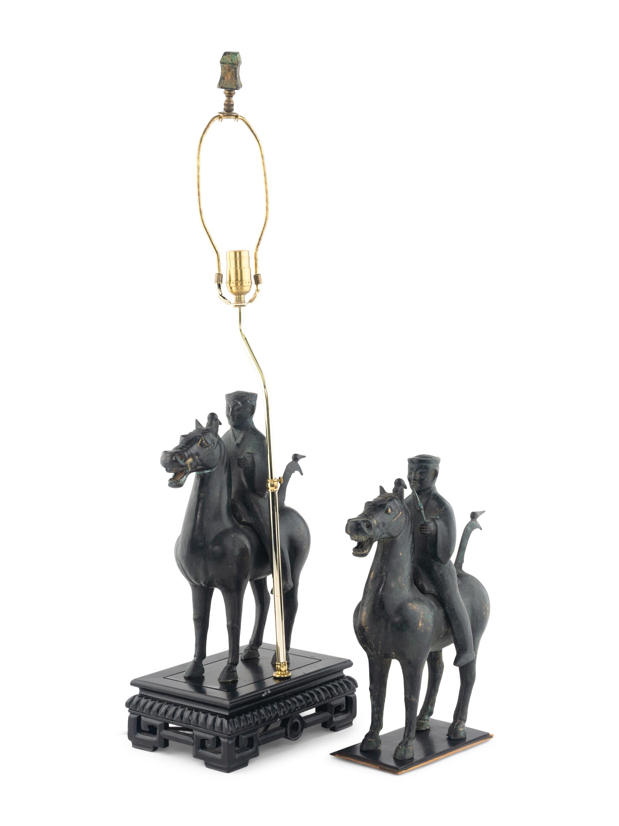 A Pair of Chinese Cast Metal Equestrian Figures Mounted as Lamps