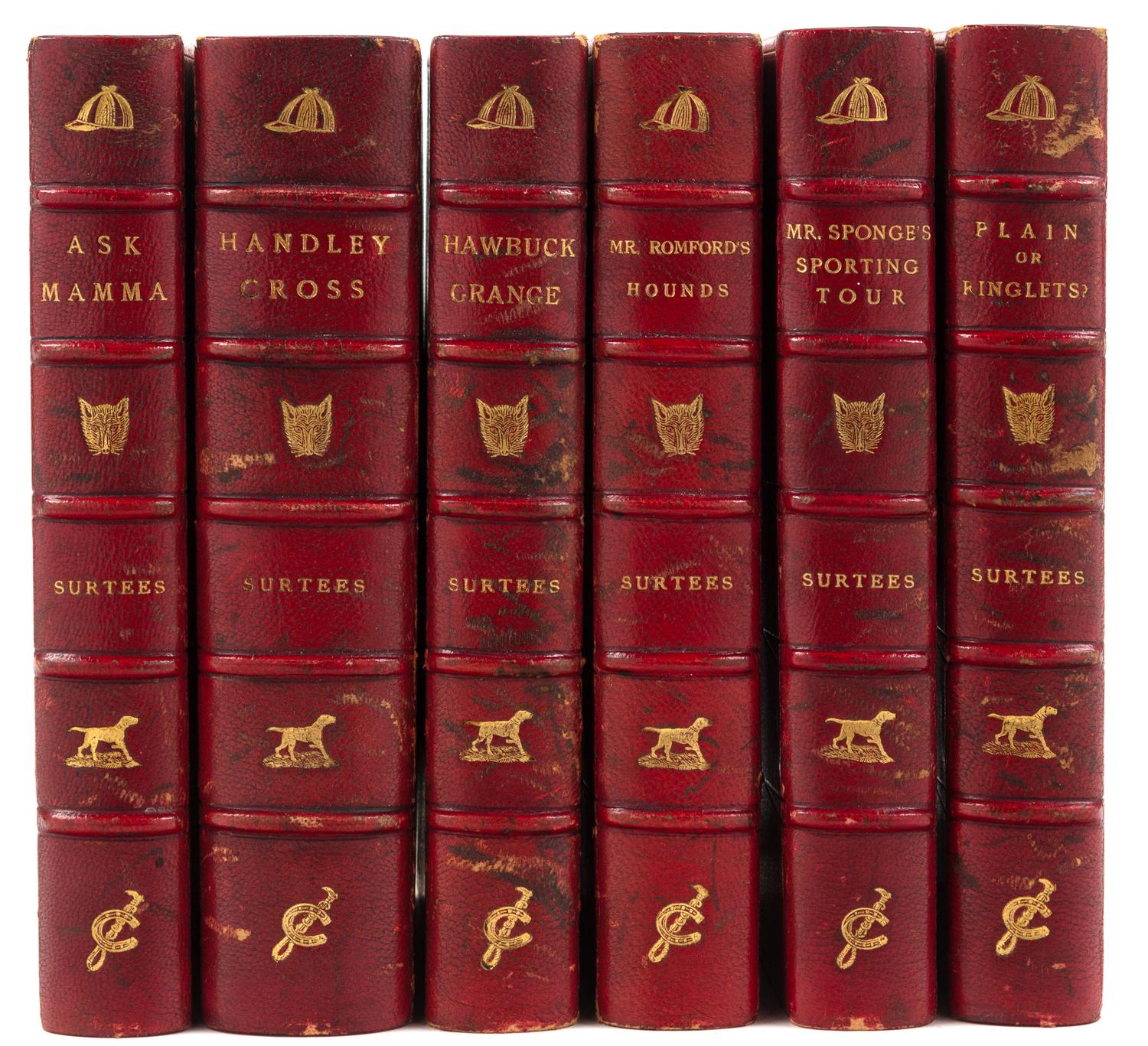 SURTEES, Robert Smith (1803-1864). [SPORTING NOVELS]. Mr. Sponge's Sporting Tour. - Ask Mamma. - "Plain or Ringlets?" - Mr. Romford's Hounds. - Hawbuck Grange. - Handley Cross. London: Bradbury, Agnew [ca 1880].