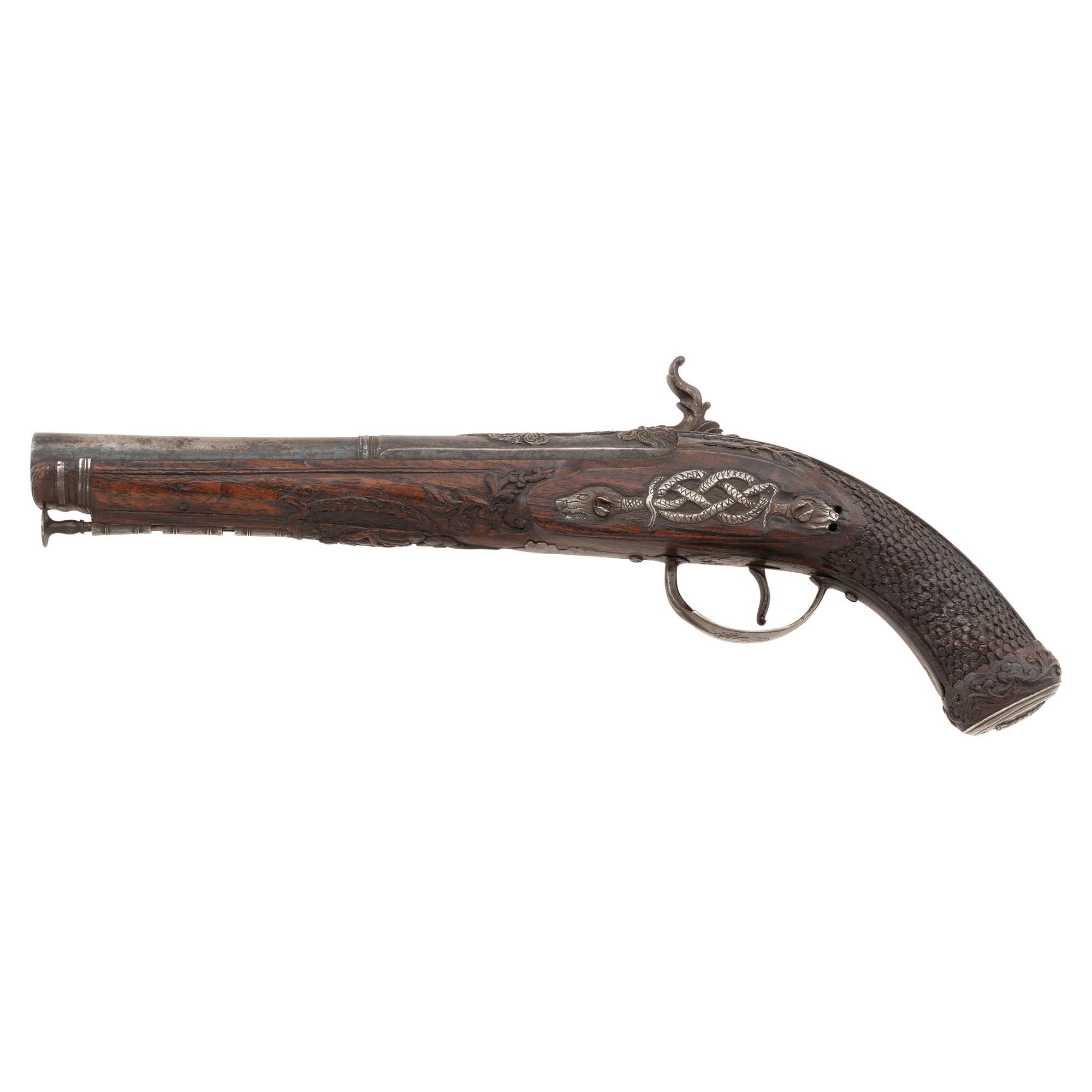 Fine Relief Carved Silver Mounted Spanish Percussion Miquelet Pistol Dated 1832