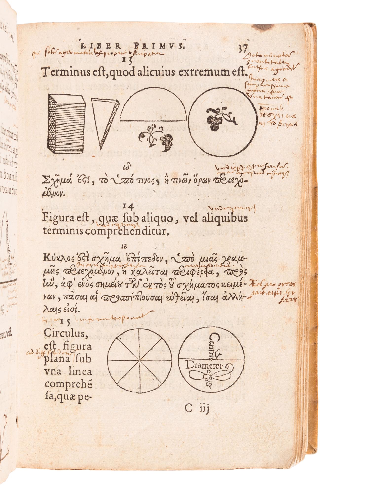 EUCLID (fl. ca 300 B.C.). Euclidis Elementorum libri XV Graece & Latine ... Paris: Apud Hieronymum de Marnef & Guillaume Cavellat, 1537 .
