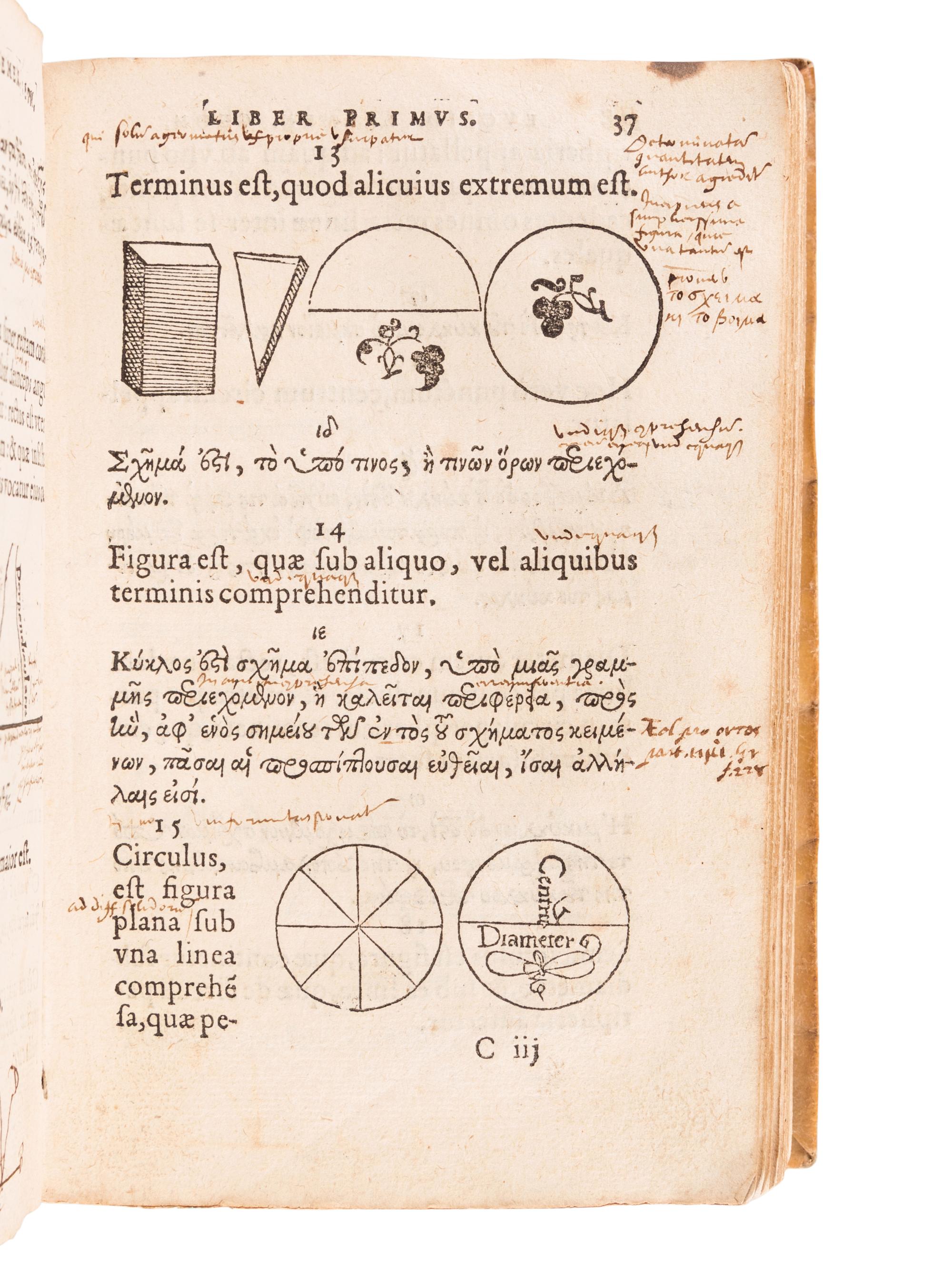 EUCLID (fl. ca 300 B.C.). Euclidis Elementorum libri XV Graece & Latine ... Paris: Apud Hieronymum de Marnef & Guillaume Cavellat, 1537 .