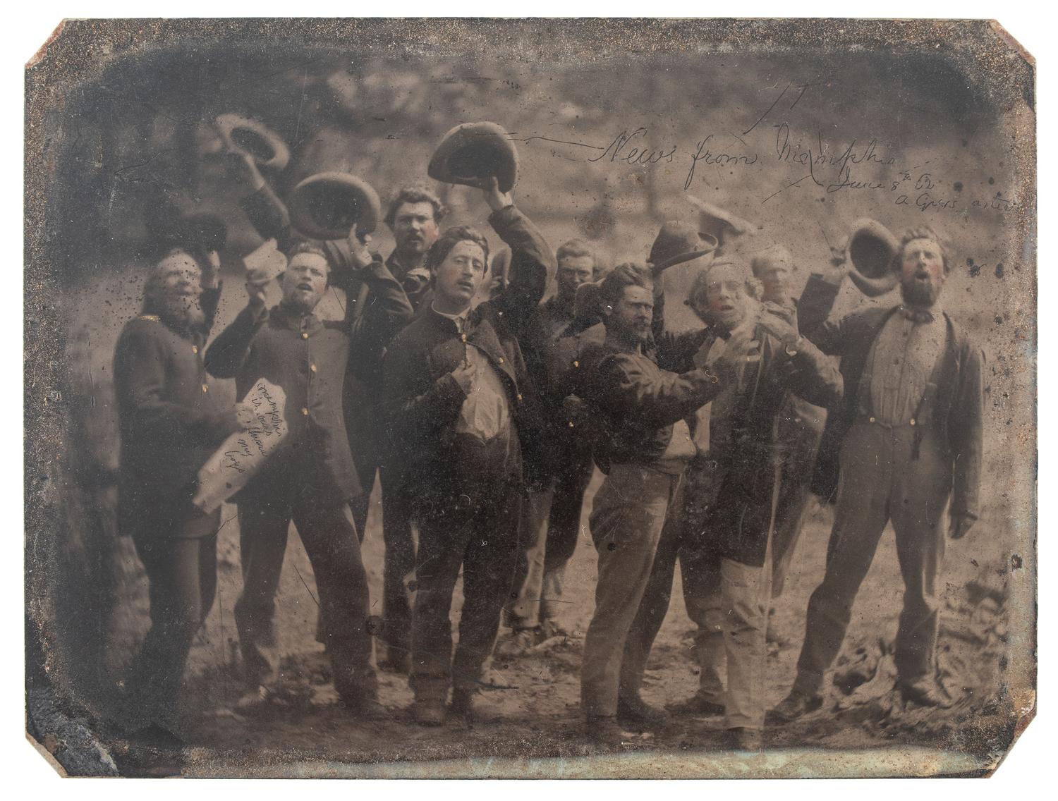 [CIVIL WAR]. Quarter plate tintype of group of soldiers celebrating Union victory at the First Battle of Memphis. N.p.: n.p., June 1862.