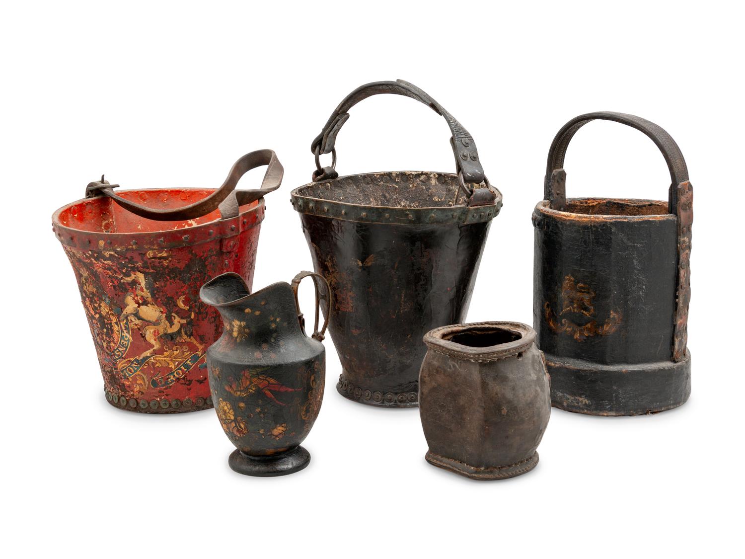 Three English Tooled Leather Fire Buckets
