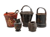 Three English Tooled Leather Fire Buckets