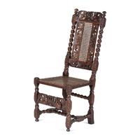 A William and Mary Crown-and-Flower Carved Oak and Cane Upholstered Side Chair